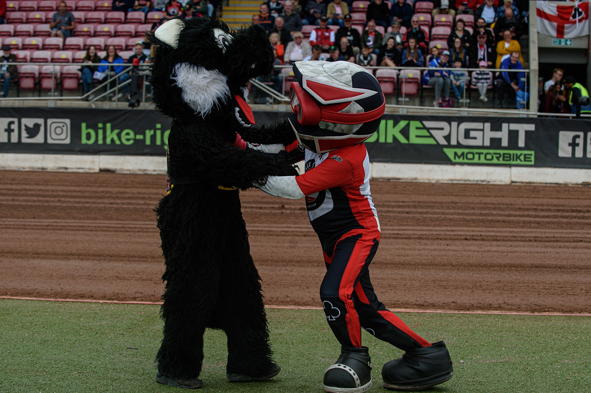 MANCHESTER, UK. AUGUST 30TH The Mascots pretend to fight before the meeting to amuse the fans during the SGB Premiership match between Belle Vue Aces and Wolverhampton Wolves at the National Speedway Stadium, Manchester on Monday 30th August 2021. (Credit: Ian Charles | MI News)