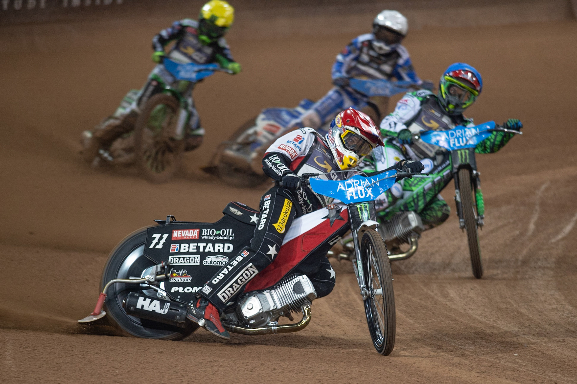 CARDIFF,WALES Maciej Janowski (Red) leads Charles Wright (Blue) Leon Madsen (White) and Patryk Dudek (Yellow) during the ADRIAN FLUX BRITISH FIM SPEEDWAY GRAND PRIX at the Principality Stadium, Cardiff on Saturday 21st September 2019. (Credit: Ian Charles | MI News)