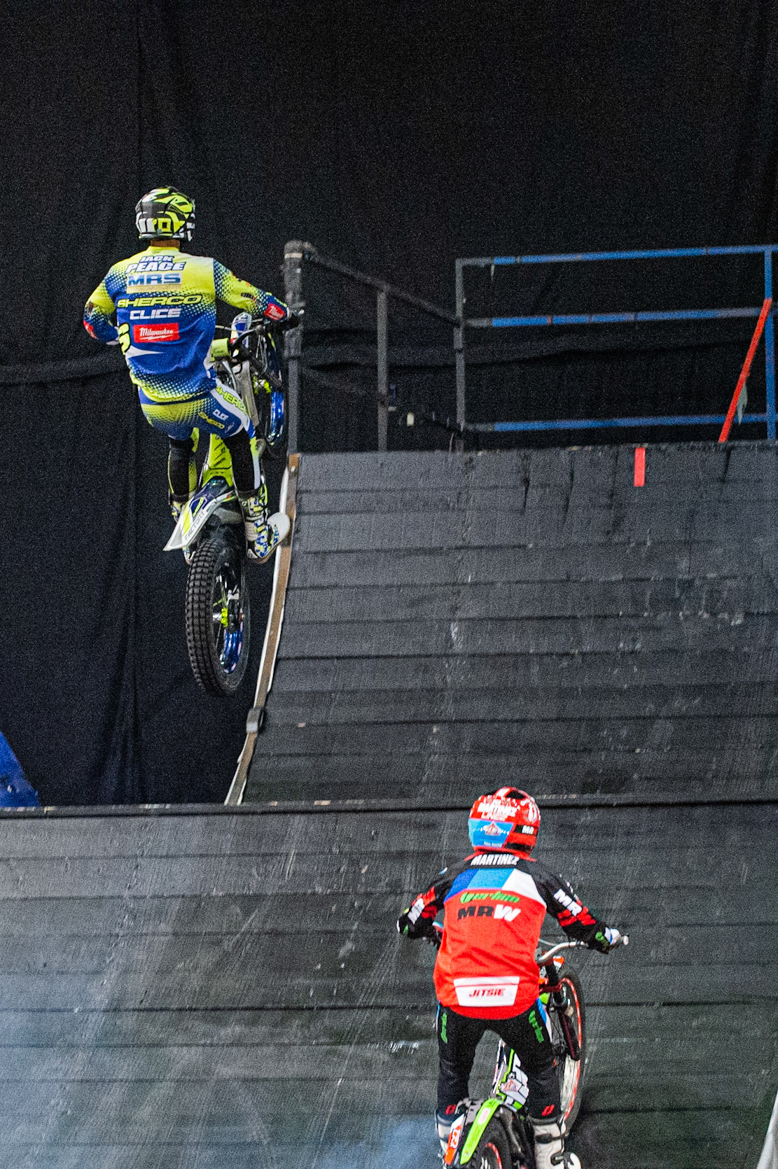 SHEFFIELD, ENGLAND  - DECEMBER 28TH  Jack Peace, UK (Sherco) leaps up the double quarter pipe to take the win in the elimination heat, over Pau Martinez, Spain (Vertigo)  during the 25th Anniversary Sheffield Indoor Trial at the FlyDSA Arena, Sheffield on Saturday 28th December 2019. (Credit: Ian Charles | MI News)