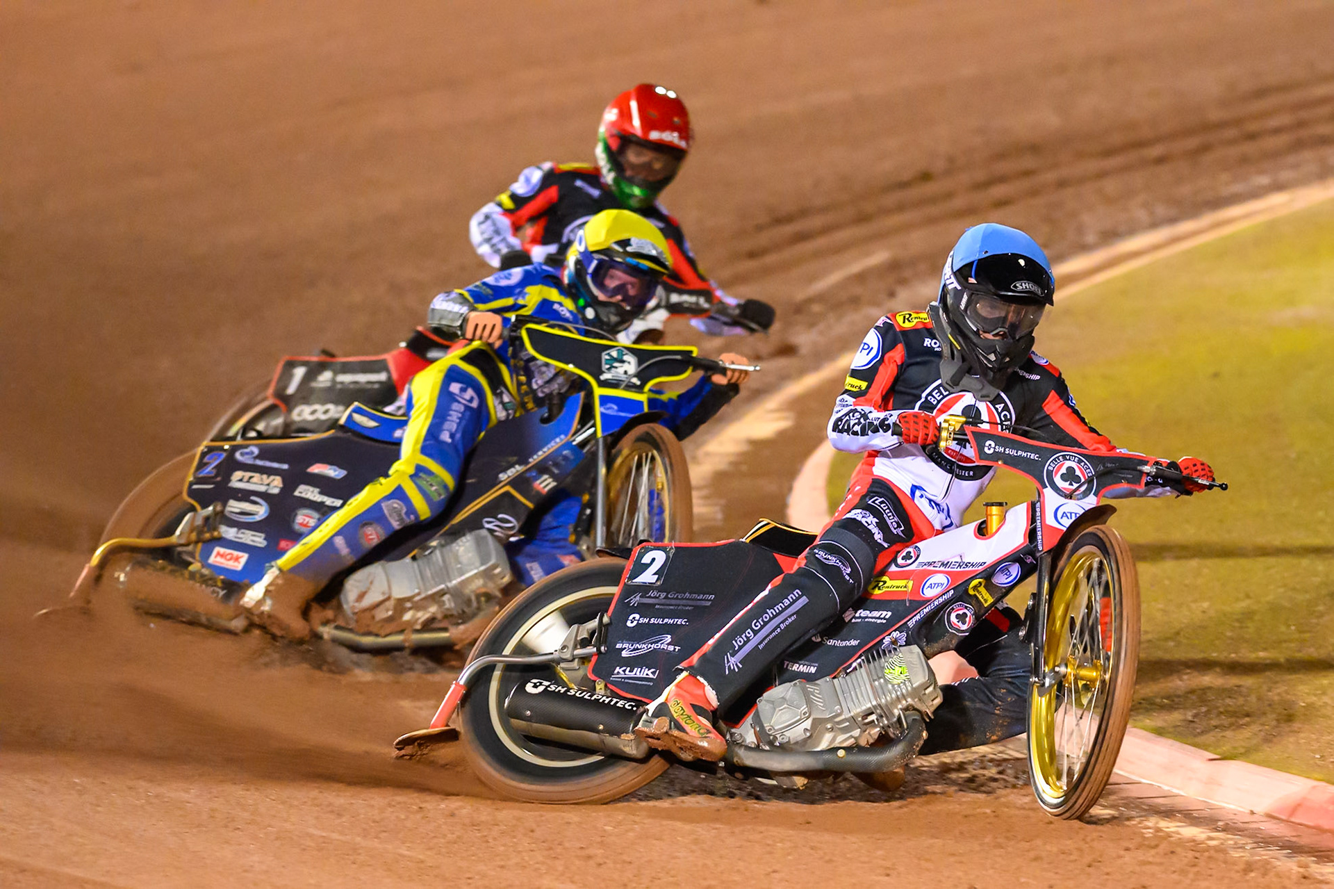 Norick Blodorn of Belle Vue Aces in Blue leading Anders Rowe of Sheffield Tigers in Yellow  and Brady Kurtz of Belle Vue Aces  in Red during the Rowe Motor Oil Premiership Grand Final 2nd Leg between Belle Vue Aces and Sheffield Tigers at the National Speedway Stadium, Manchester on Friday 16th October 2026. (Photo: Ian Charles | MI News)