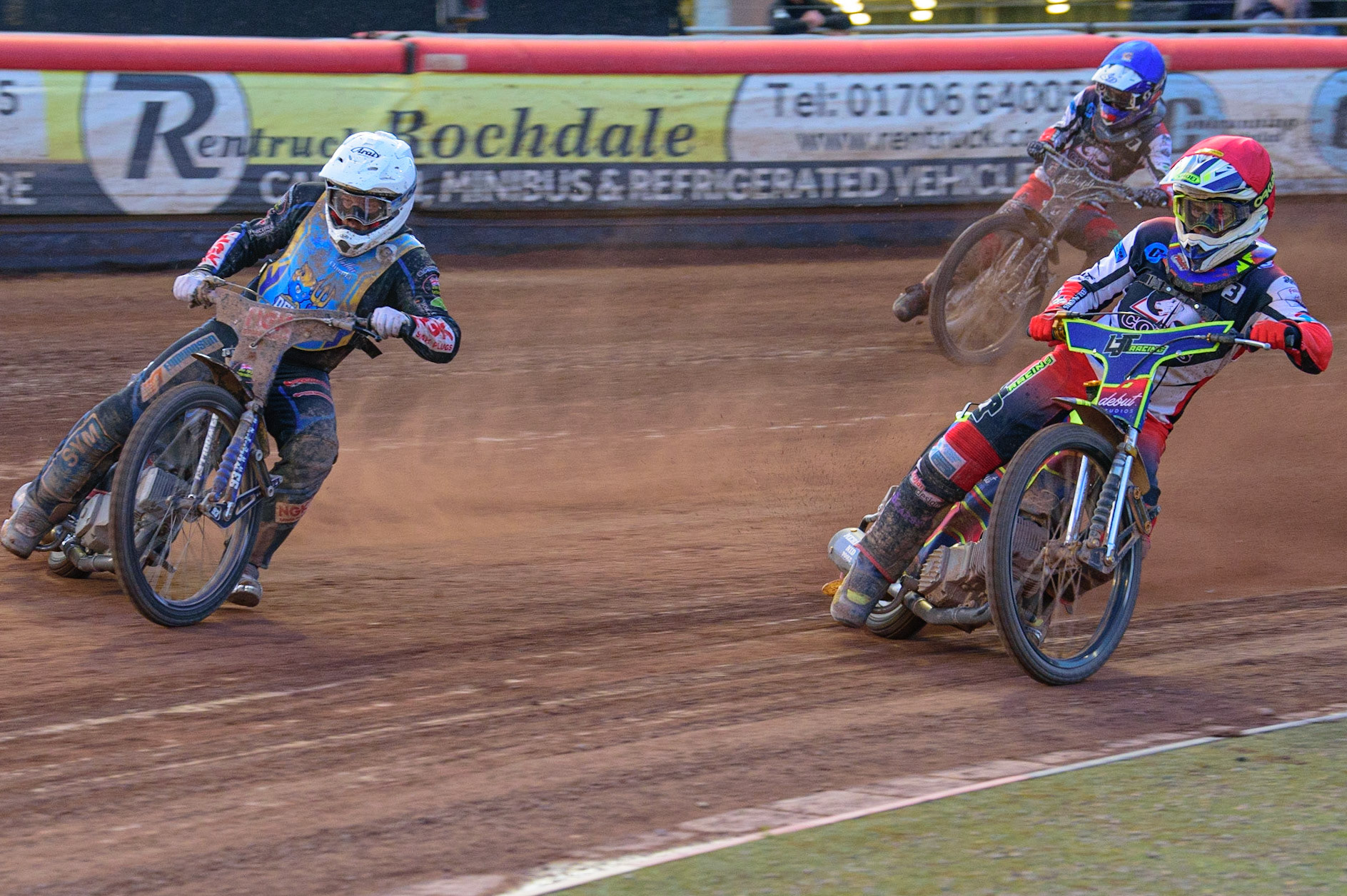 MANCHESTER, UK. MAY 27TH Tom Woolley (White) leads Nathan Ablitt  (Red) with Freddy Hodder  behind during the National Development League match between Belle Vue Colts and Armadale Devils at the National Speedway Stadium, Manchester on Friday 27th May 2022. (Credit: Ian Charles | MI News)