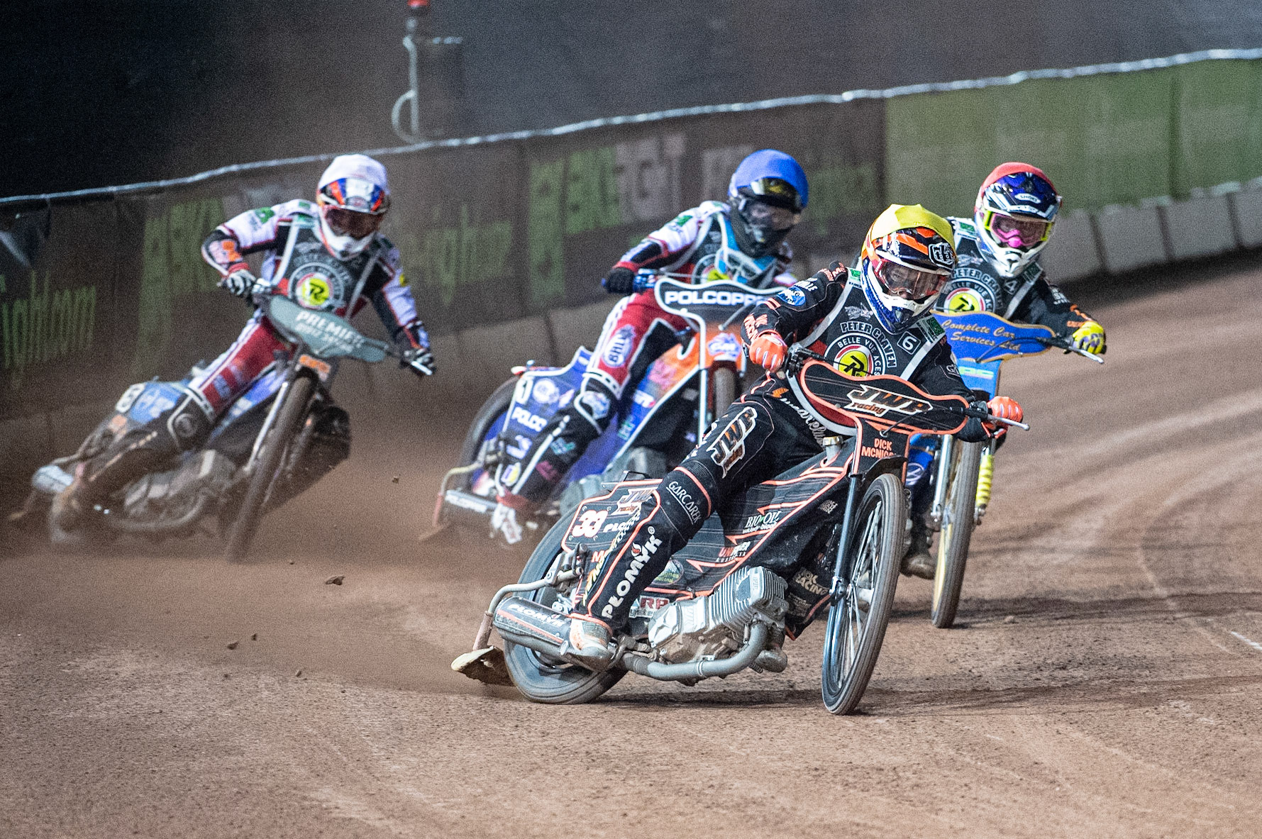 Photo: Ian CharlesSam Masters (Yellow) leads Kyle Howarth (Red), Brady Kurtz (Blue) and Steve Worrall (White)Peter Craven Memorial Trophy, National Speedway Stadium, Manchester Thursday  22  October  2020