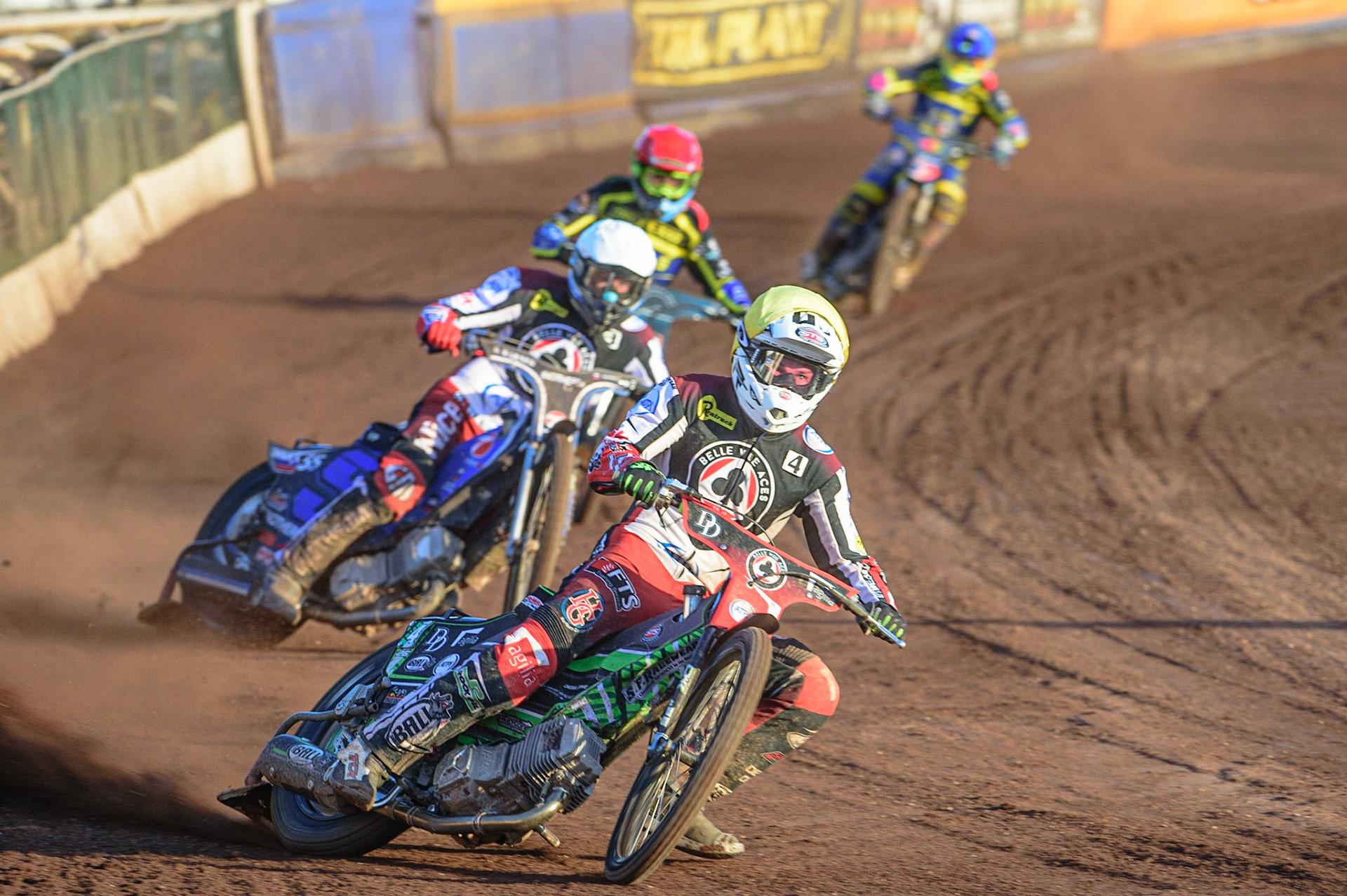 SHEFFIELD, UK. MAY 26TH  Charles Wright  (Yellow) and Matej Žagar  (White) leads Adam Ellis  (Red) and Stefan Nielsen  (Blue) during the SGB Premiership match between Sheffield Tigers and Belle Vue Aces at Owlerton Stadium, Sheffield on Thursday 26th May 2022. (Credit: Ian Charles | MI News)