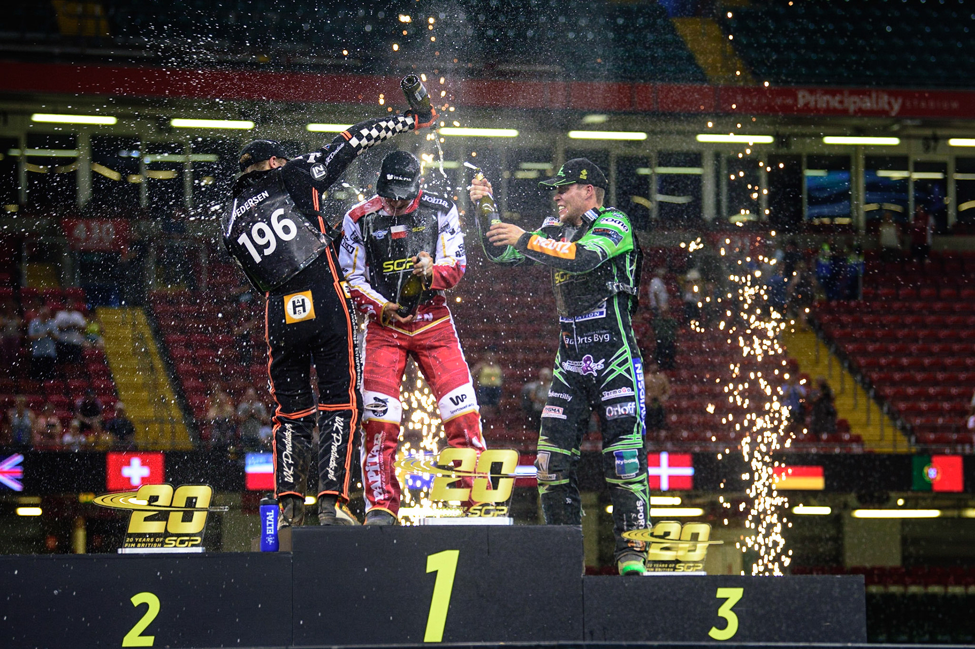 Champagne celebrations during the FIM  Speedway Grand Prix  2 of Great Britain at the Principality Stadium, Cardiff on Sunday 14th August 2022. (Credit: Ian Charles | MI News)