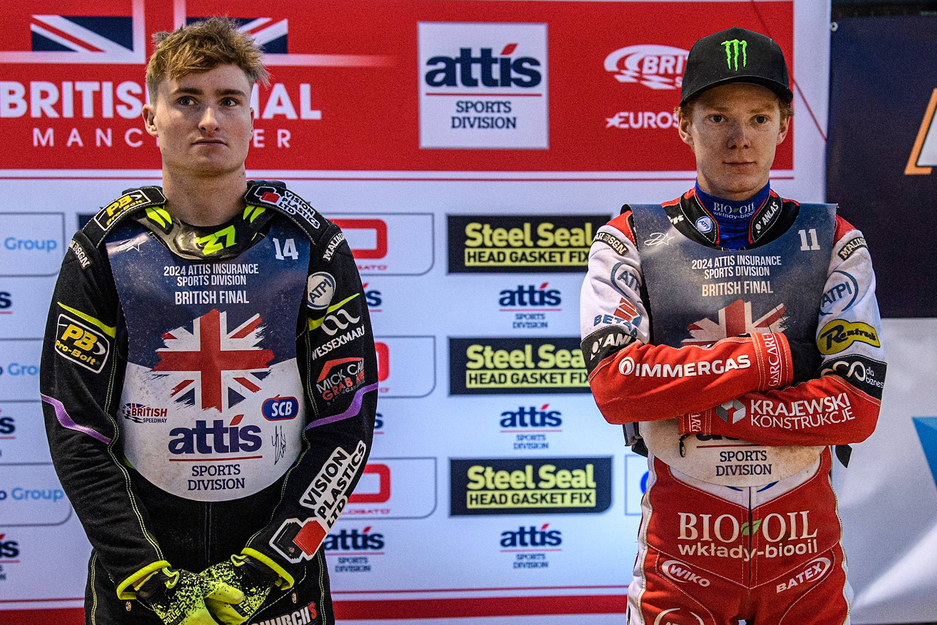 Tom Brennan (Left) and Dan Bewley during the Attis Insurance Sports Division British Speedway Championship Final at the National Speedway Stadium, Manchester on Saturday 8th June 2024. (Photo: Ian Charles | MI News)
