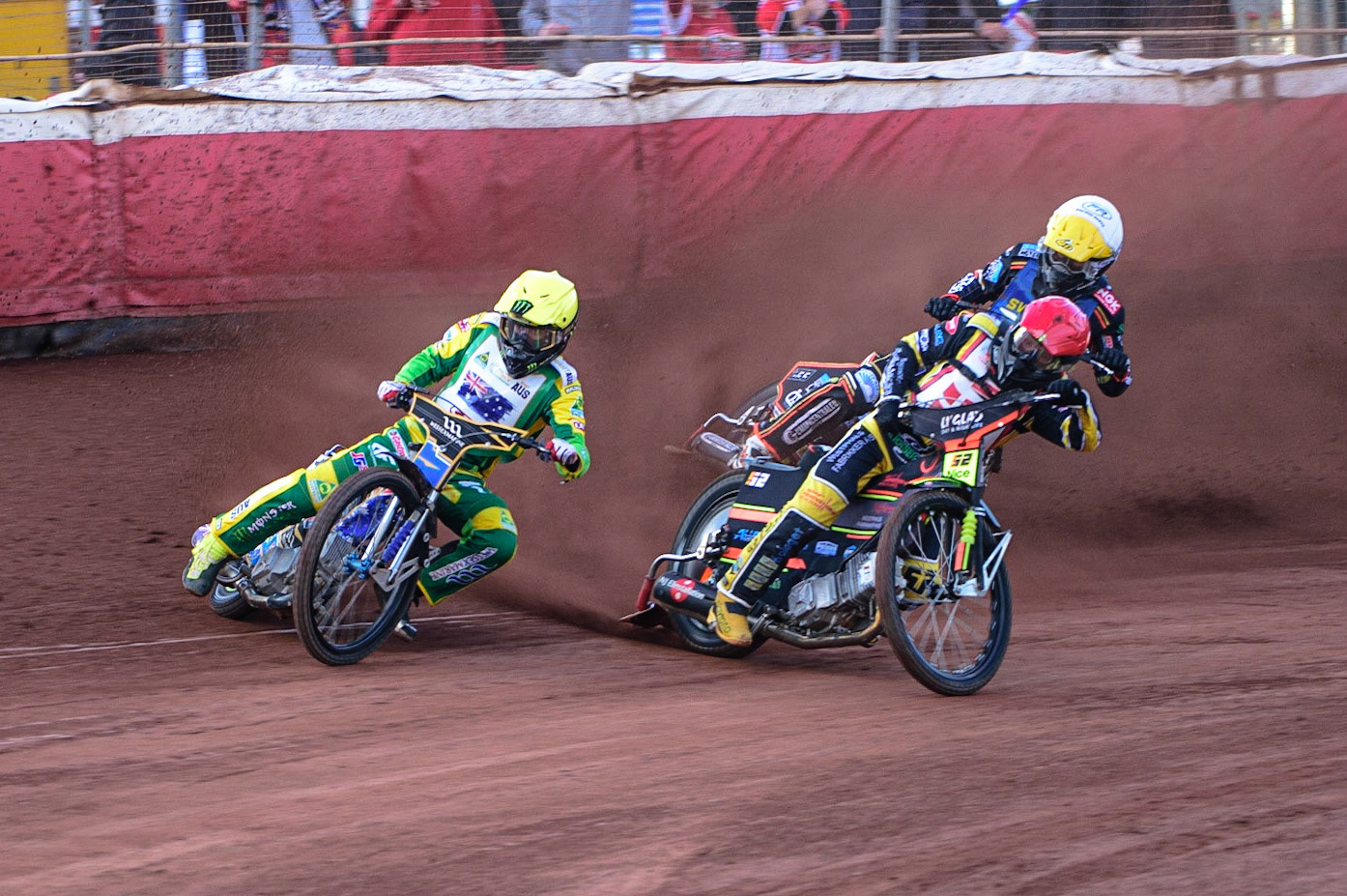 Michael Jepsen Jensen (Denmark) (Red) inside Jack Holder (Australia) with Kim Nilsson (Sweden) (White) behind during the FIM Speedway Grand Prix Challenge at the Peugeot Ashfield Stadium, Glasgow on Saturday 20th August 2022. (Credit: Ian Charles | MI News)