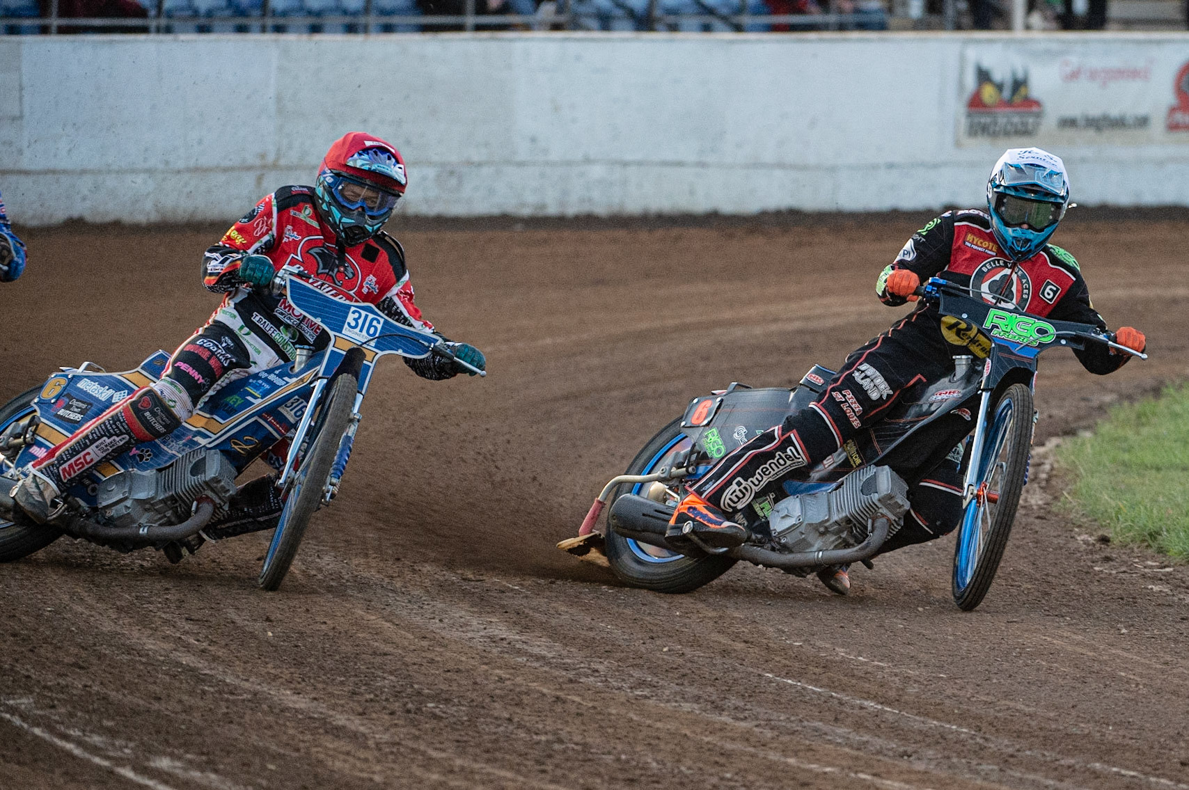 Photo by Ian Charles:

Dimitri Bergé (White)  inside Ulrich Østergaard (Red)

Peterborough Panthers v Belle Vue Aces, British Speedway Premiership, Thursday, 5, September, 2019