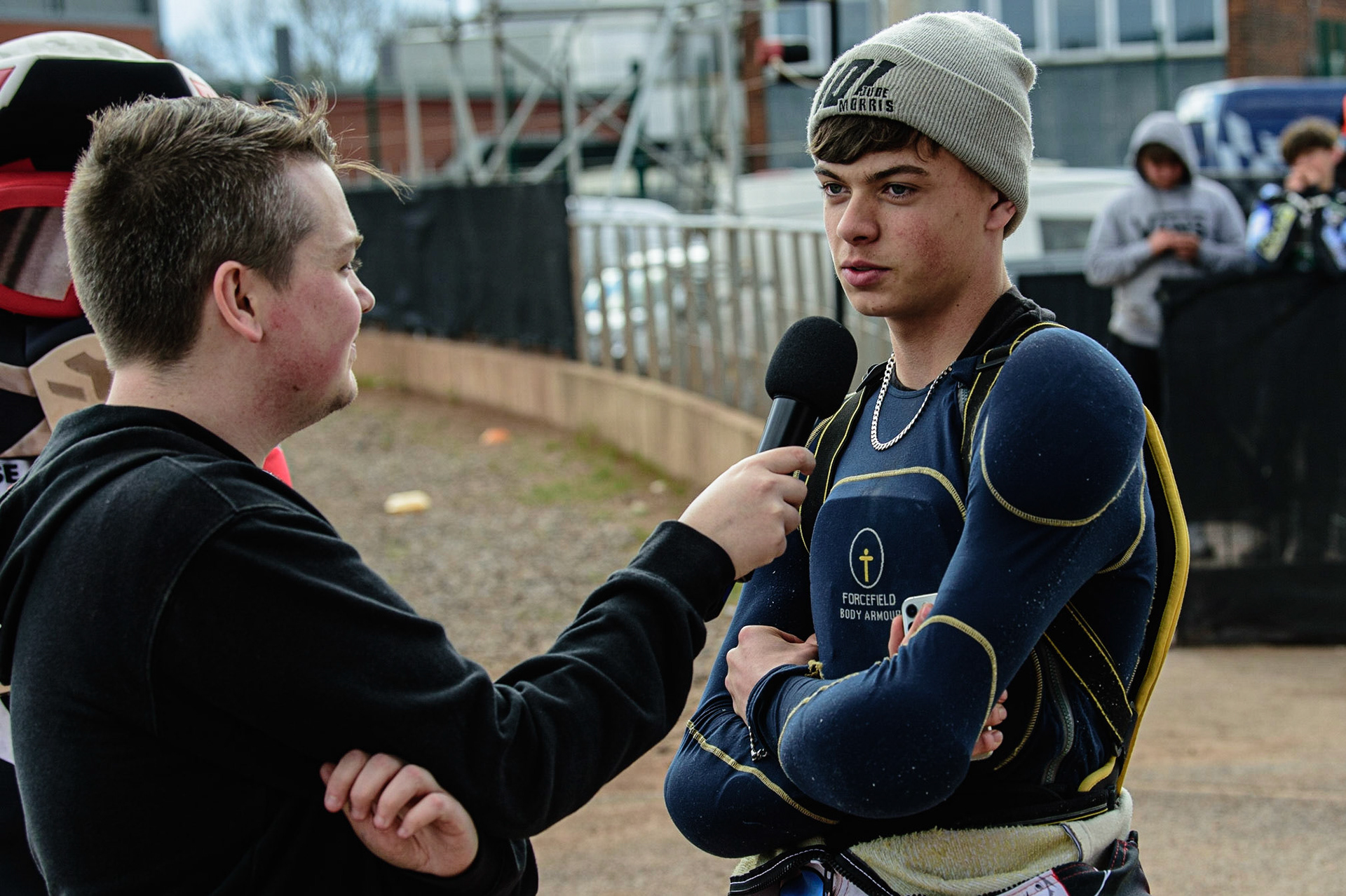 MANCHESTER, UK. APR 15TH  Freddy Hodder is interviewed by Pits reporter Lee Wild  during the National Development League match between Belle Vue Colts and Plymouth Centurions at the National Speedway Stadium, Manchester on Friday 15th April 2022. (Credit: Ian Charles | MI News)