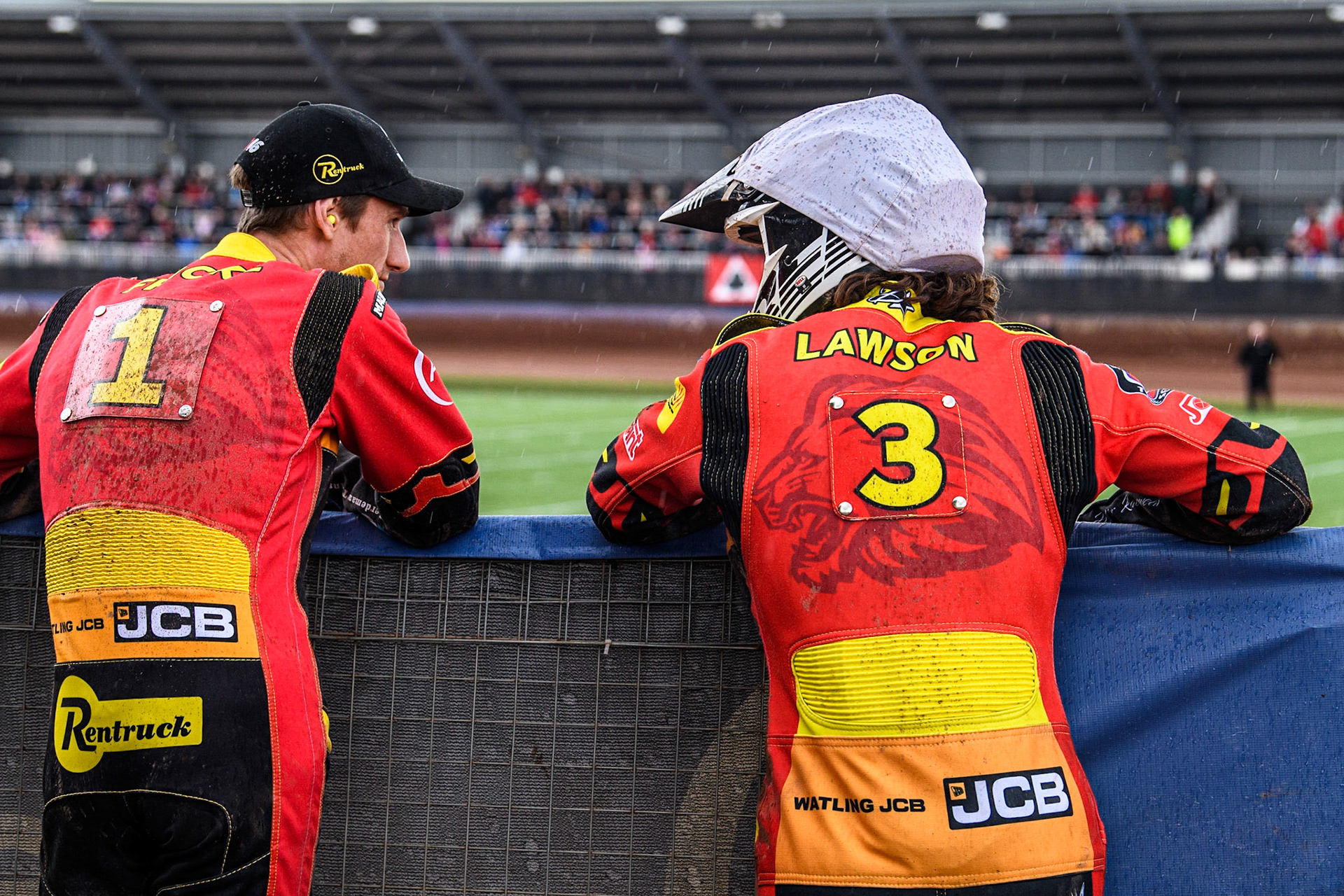 Max Fricke  (left) chats with Richard Lawson  during the SGB Premiership match between Belle Vue Aces and Leicester Lions at the National Speedway Stadium, Manchester on Monday 1st May 2023. (Photo: Ian Charles | MI News)