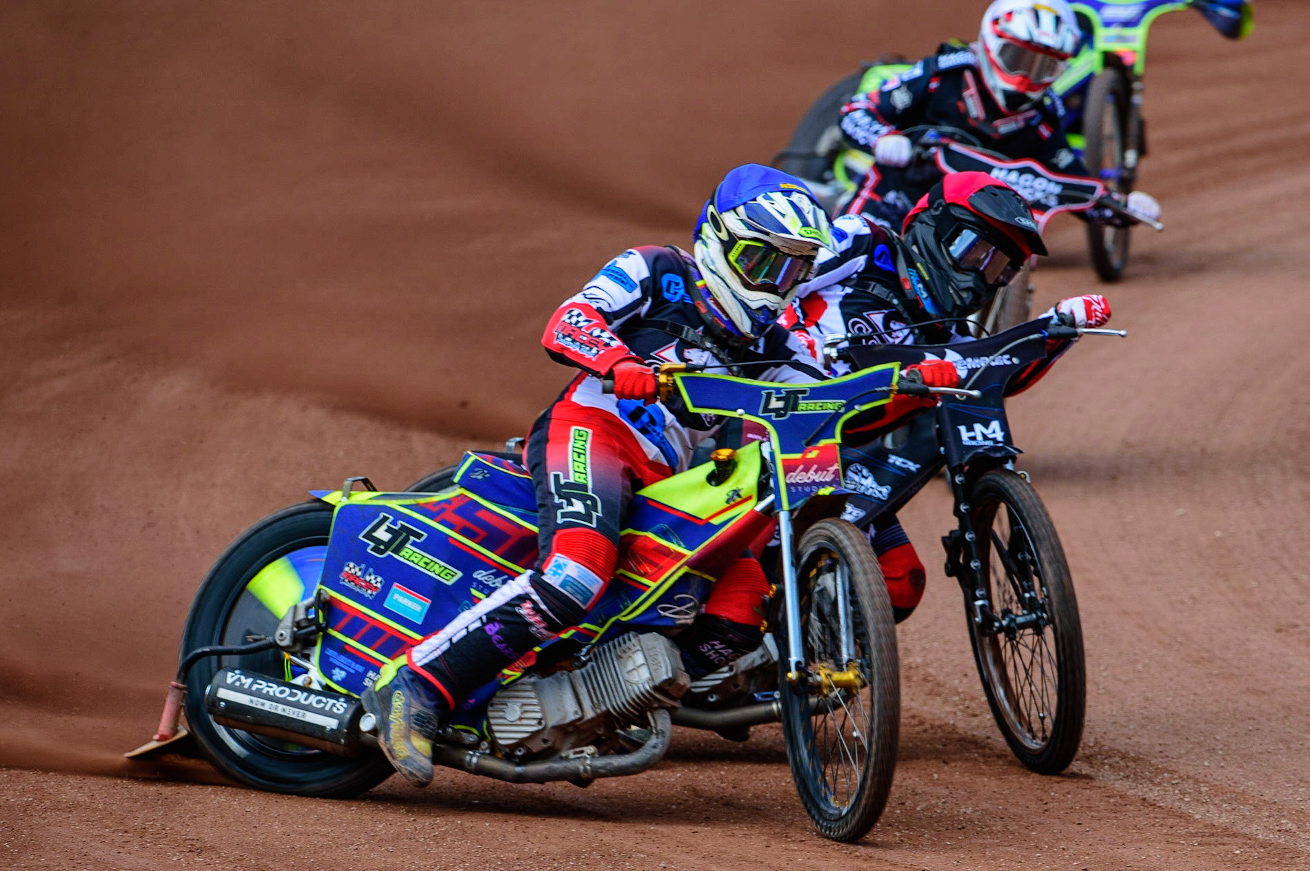 MANCHESTER, UK.  JUN 3RD  Nathan Ablitt  (Blue) leads team mate Harry McGurk  (Red) and Oxford’s Sam Hagon  (White) during the National Development League match between Belle Vue Colts and Oxford Chargers at the National Speedway Stadium, Manchester on Friday 3rd June 2022. (Credit: Ian Charles | MI News)