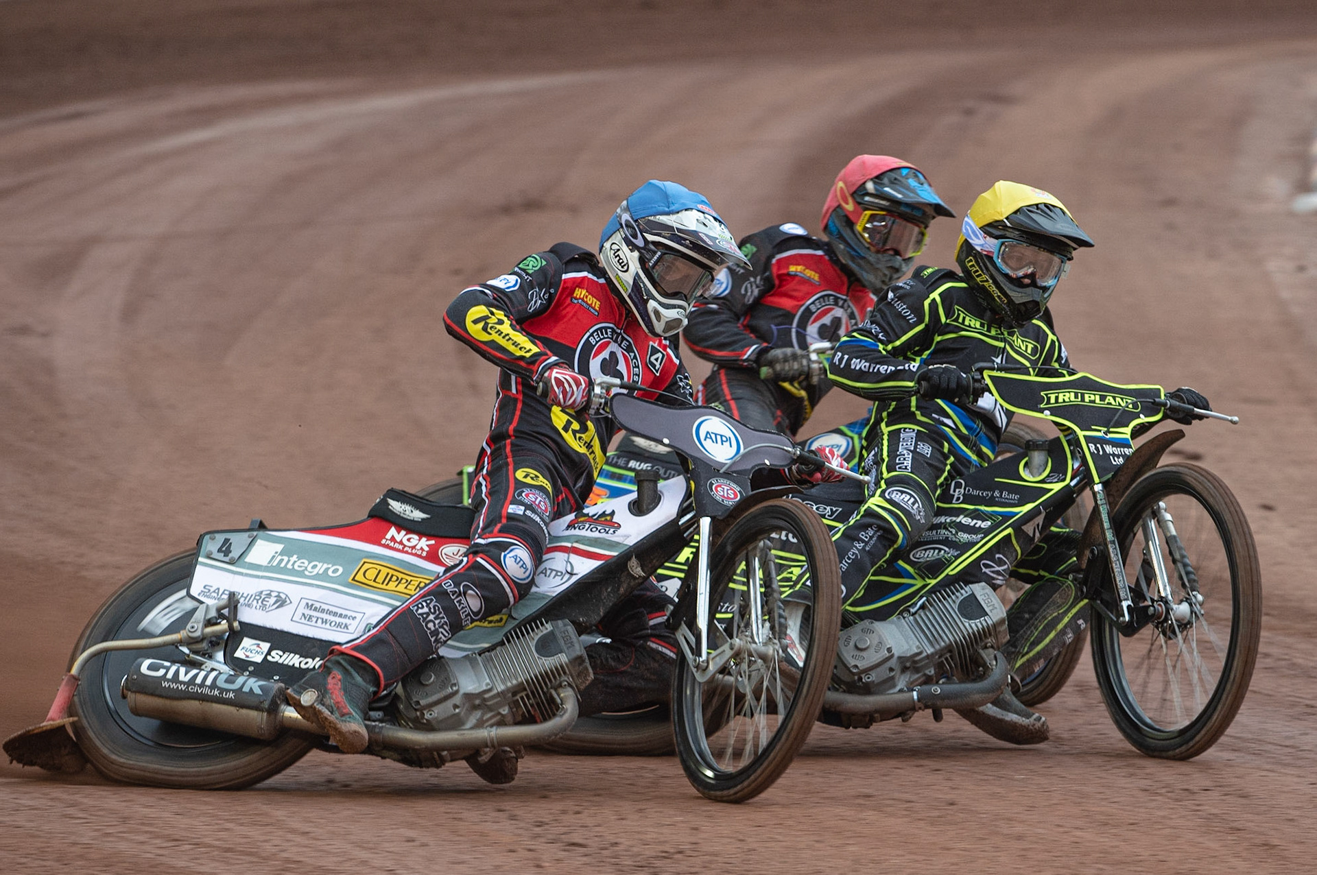 Photo: Ian Charles

Steve Worrall  (Blue) outside Danny King  (Yellow)and Dan Bewley  (Red)

Belle Vue Aces v Ipswich Witches, British Speedway Premiership, Belle Vue National Speedway Stadium, Manchester, Monday 3  June  2019