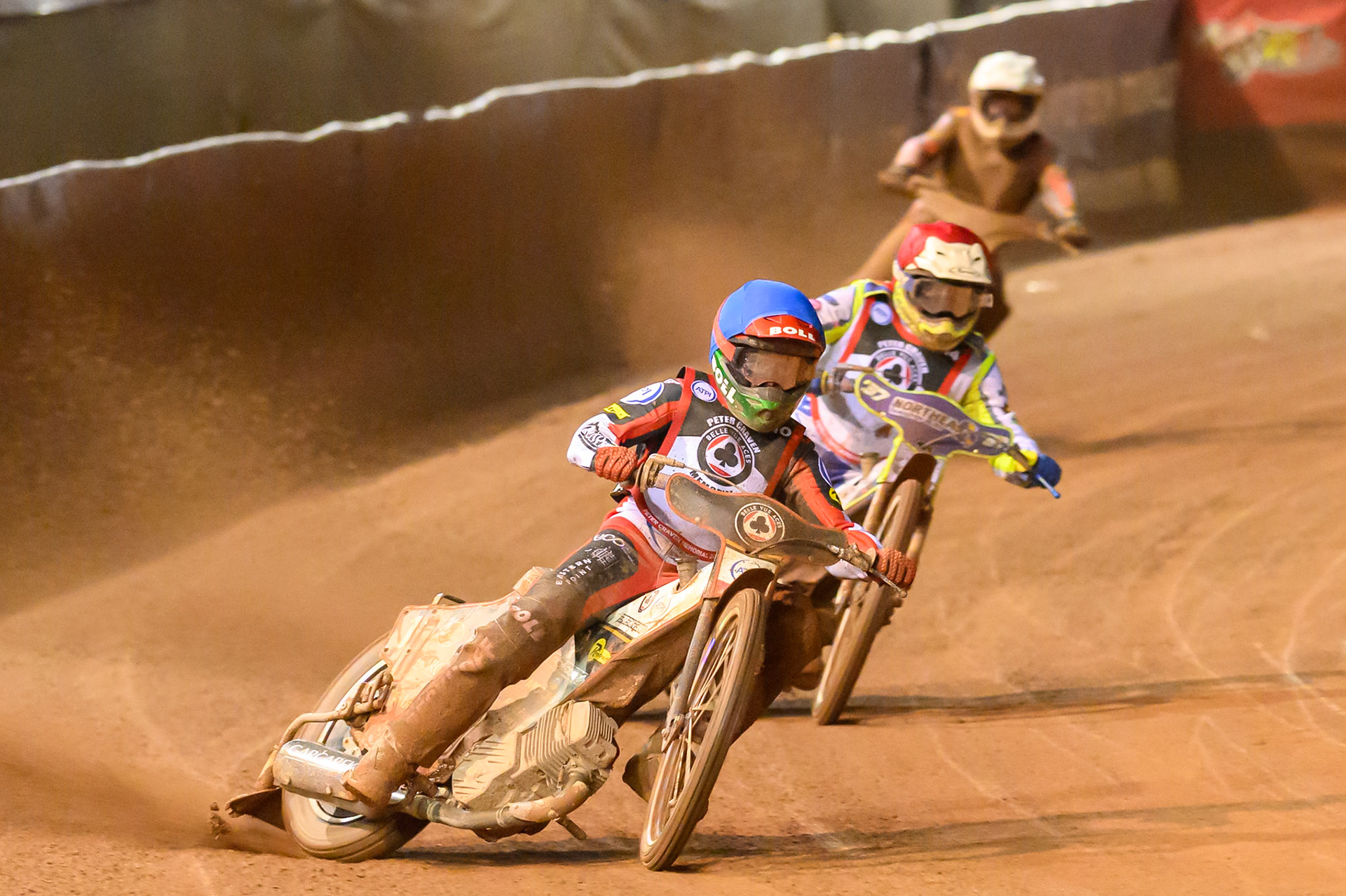 Brady Kurtz in Blue leading Chris Harris in Red during the Peter Craven Memorial Trophy at the National Speedway Stadium, Manchester, on Monday 16th March 2026. (Photo: Ian Charles | MI News)