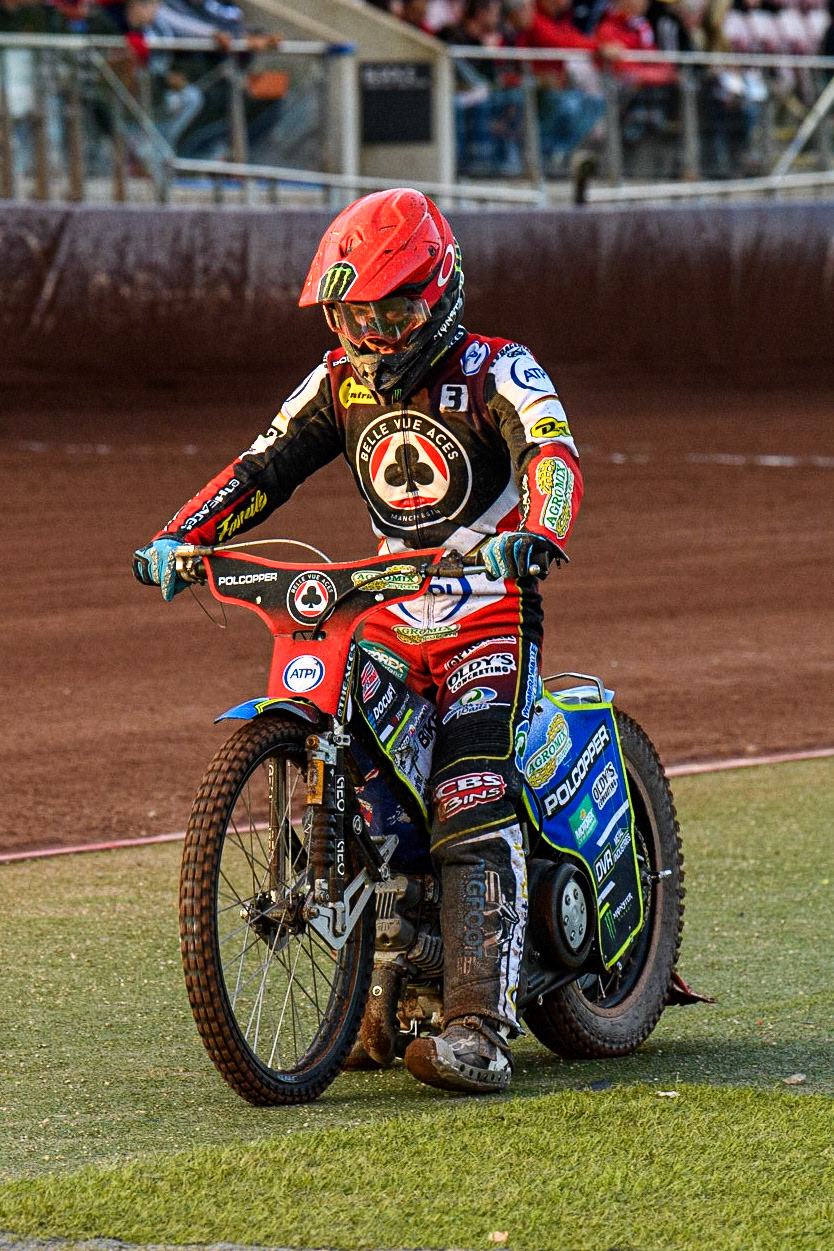 Jaimon Lidsey pulls up after his engine failure during the Sports Insure Premiership match between Belle Vue Aces and Ipswich Witches at the National Speedway Stadium, Manchester on Monday 17th July 2023. (Photo: Ian Charles | MI News)