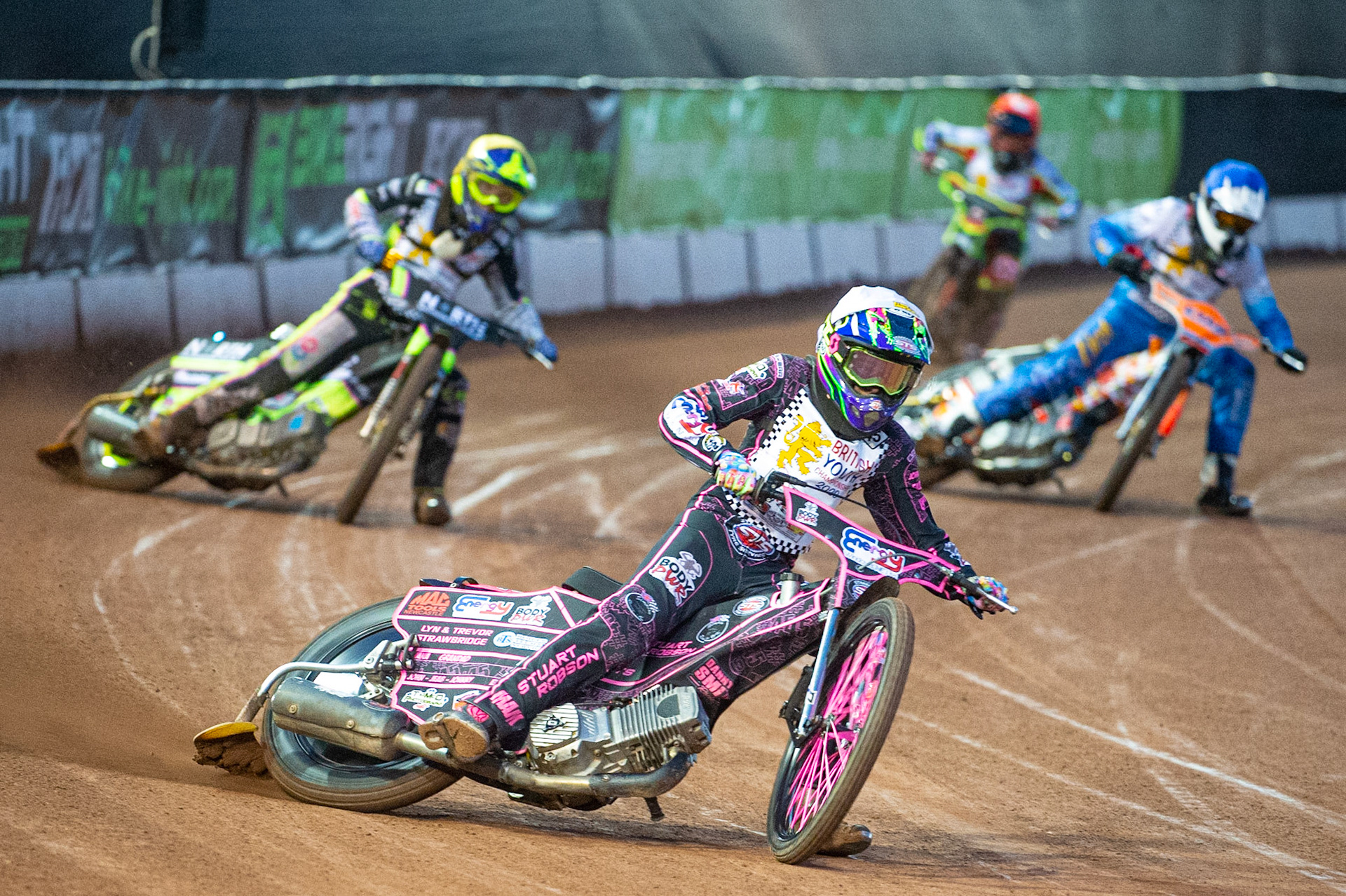 Photo: Ian CharlesDanny Smith (White) leads Alex Goldsborough (Yellow) Callum Gill (Blue) and Katie Gordon (Red) (500cc B Class) British Youth Speedway Championship (Round 5), National Speedway Stadium, Manchester Saturday  10  October  2020
