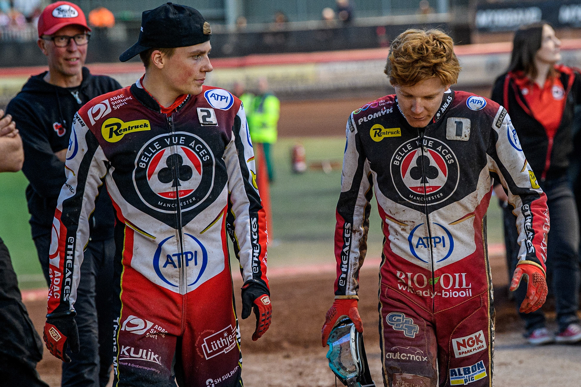 Norick Blodorn (left) walks back into the pits with Dan Bewley during the Sports Insure Premiership match between Belle Vue Aces and Ipswich Witches at the National Speedway Stadium, Manchester on Monday 17th July 2023. (Photo: Ian Charles | MI News)