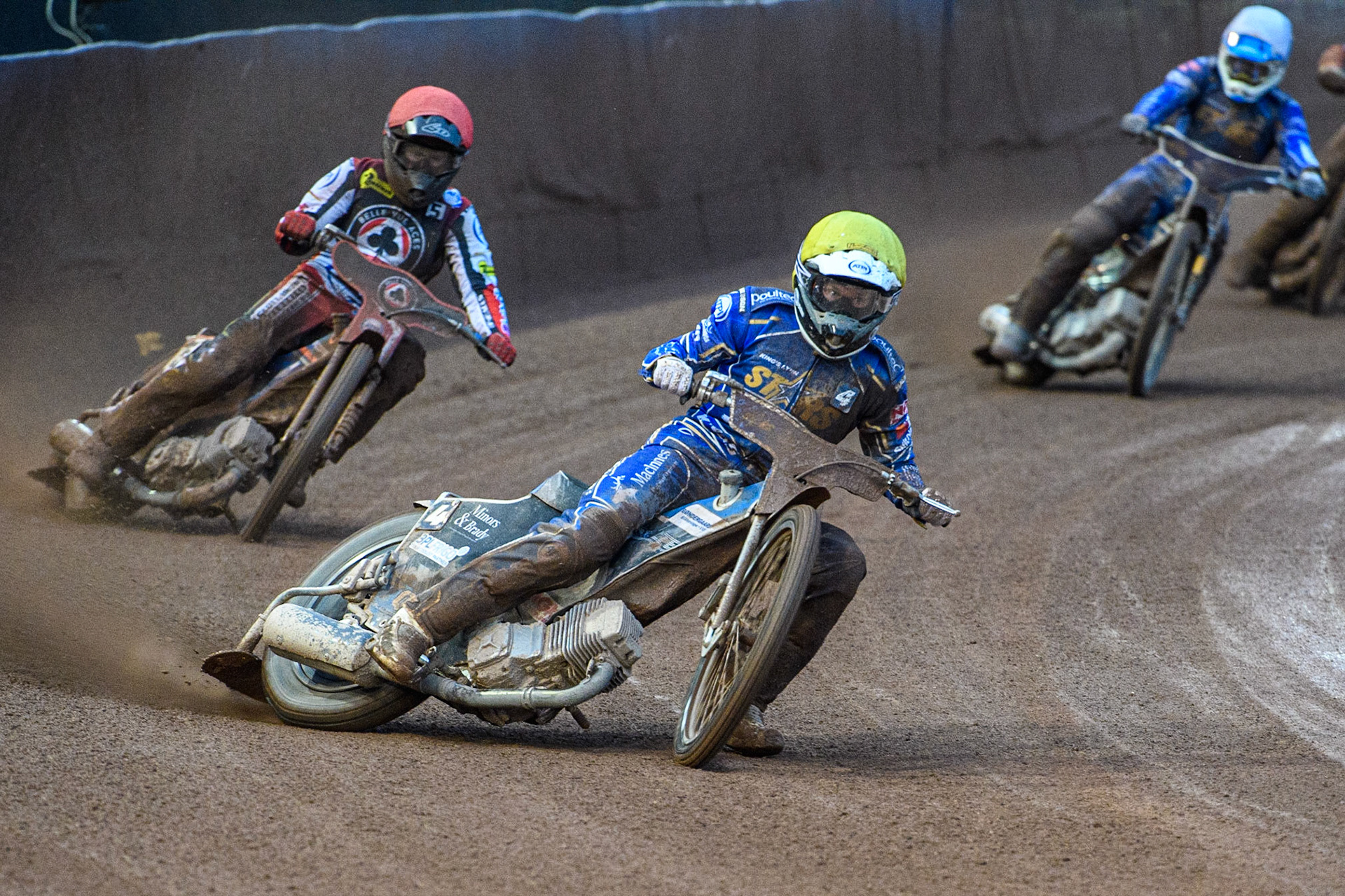 Nicolai Klindt (Yellow) leads Brady Kurtz (Red) and Frederik Jakobsen (White) with Jake Mulford (Blue) behind during the Sports Insure Premiership match between Belle Vue Aces and King's Lynn Stars at the National Speedway Stadium, Manchester on Monday 12th June 2023. (Photo: Ian Charles | MI News)