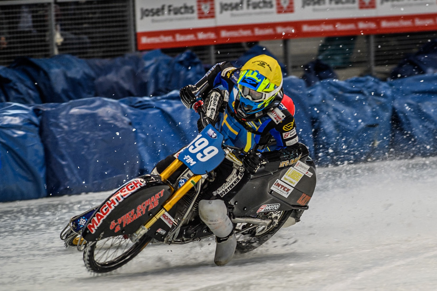 Sweden's Martin Haarahiltunen (199)  gets into difficulty and manages to correct it during the FIM Ice Speedway Gladiators World Championship Final 2 at the Max-Aicher-Arena, Inzell on Sunday 24 March 2024. (Photo: Ian Charles | MI News)