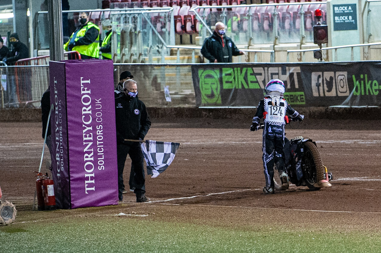 Photo: Ian CharlesVinnie Foord suffered an engine failure on the final turn so pushed his bike home for the 3rd place point (500cc B Class) British Youth Speedway Championship (Round 5), National Speedway Stadium, Manchester Saturday  10  October  2020