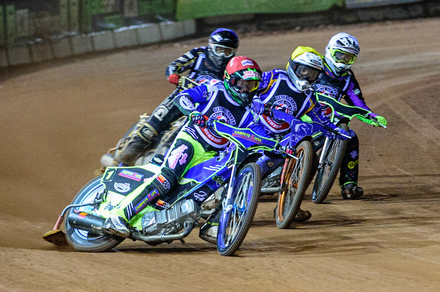 MANCHESTER, UK. OCT 23RD  Nick Morris  (Red) leads Lewis Kerr  (Yellow), Tom Brennan  (White) and Nick Blödorn  (Blue) during the Peter Craven Memorial Trophy event at the National Speedway Stadium, Manchester on Saturday 23rd October 2021. (Credit: Ian Charles | MI News)