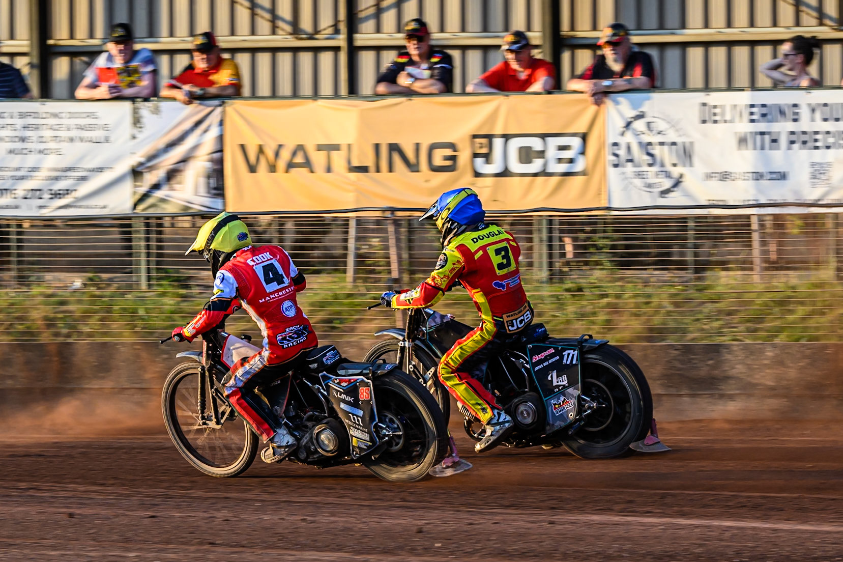 Belle Vue Aces' Zach Cook in Yellow rides inside Leicester Lions' Ryan Douglas in Blue during the Rowe Motor Oil Premiership match between Leicester Lions and Belle Vue Aces at the Hydroscand Arena, Leicester on Thursday 19th June 2025. (Photo: Ian Charles | MI News)