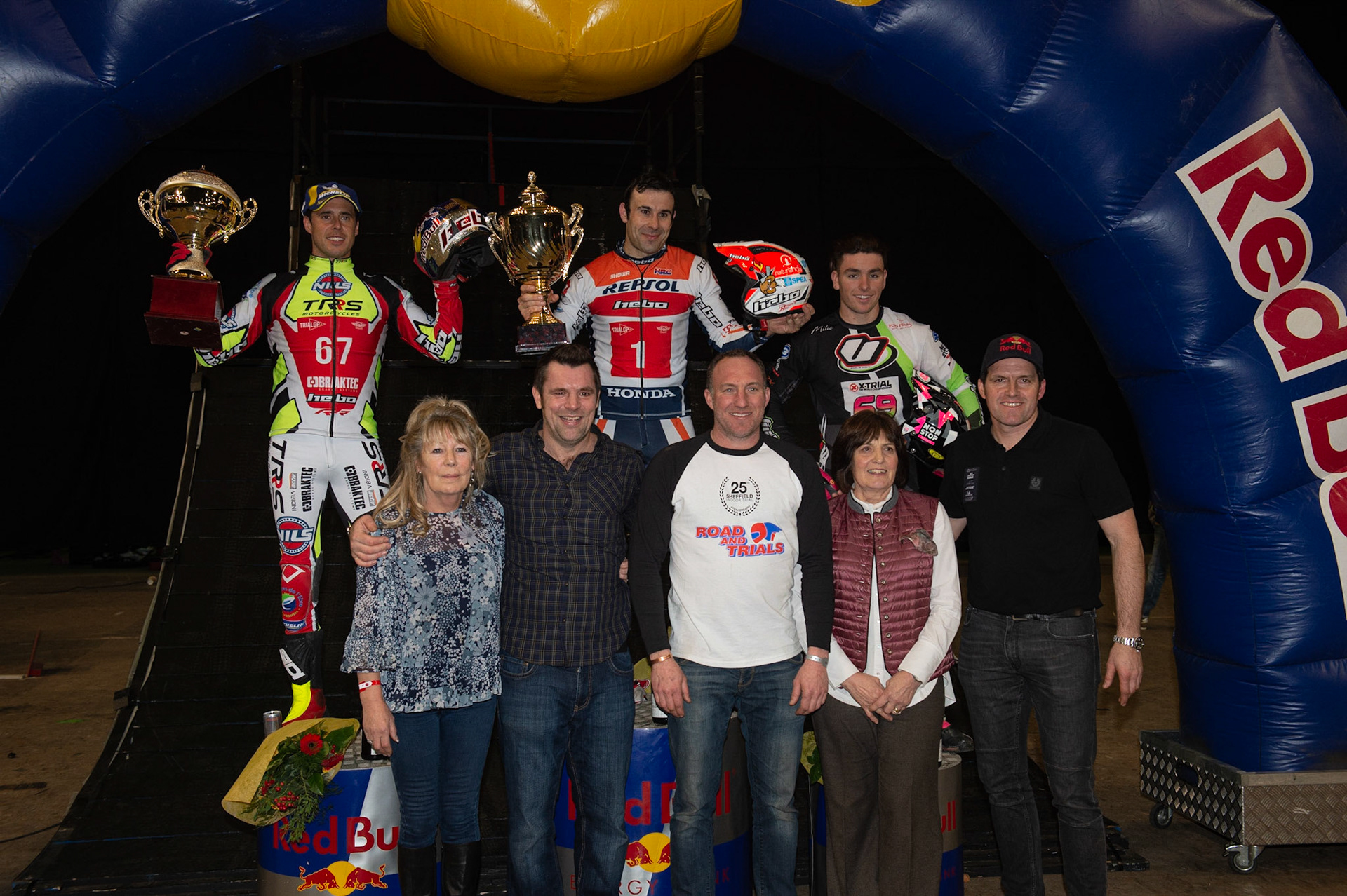 SHEFFIELD, ENGLAND  - DECEMBER 28TH  Top 3 - (l-r) Adam Raga (2nd), Tony Bou (Winner) Jamie Busto (3rd) with the organisers during the 25th Anniversary Sheffield Indoor Trial at the FlyDSA Arena, Sheffield on Saturday 28th December 2019. (Credit: Ian Charles | MI News)