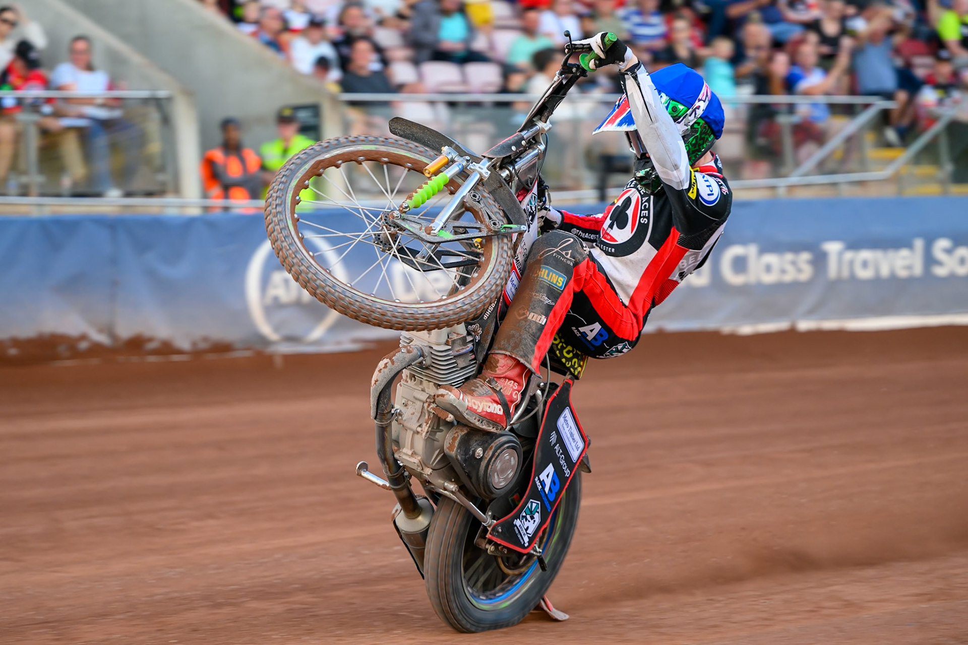 William Cairns of Belle Vue Aces does a wheelie during the Rowe Motor Oil Premiership match between Belle Vue Aces and Ipswich Witches at the National Speedway Stadium, Manchester on Saturday 20th June 2026. (Photo: Ian Charles | MI News)