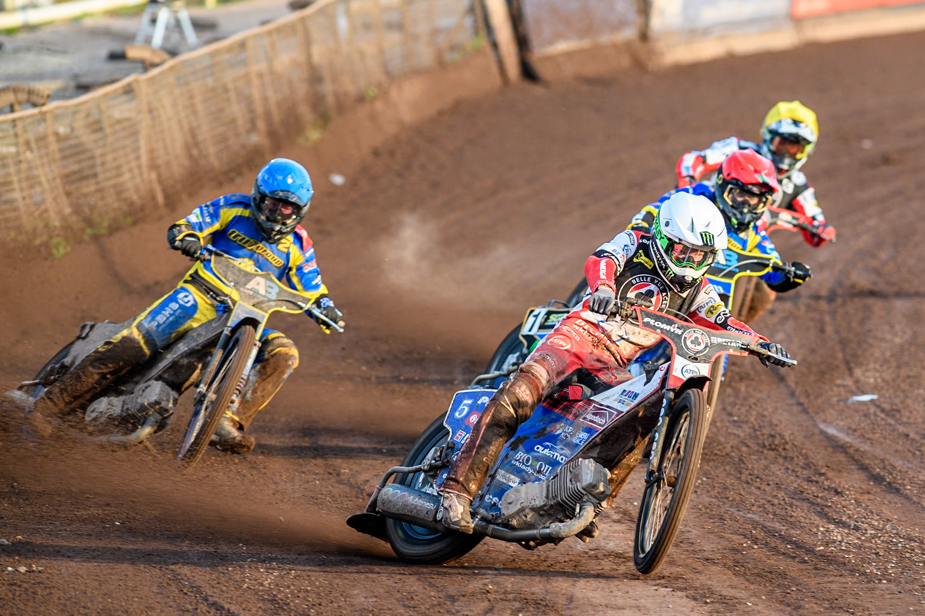 Belle Vue Aces' Dan Bewley  in White leading Sheffield Tigers' Jack Holder  in Red, Sheffield Tigers' Kyle Howarth  in Blue and Belle Vue Aces' Connor Mountain  in Yellow during the Premiership KO Cup Quarter Final, 2nd Leg match between Sheffield Tigers and Belle Vue Aces at Owlerton Stadium, Sheffield on Thursday 9th May 2024. (Photo: Ian Charles | MI News)