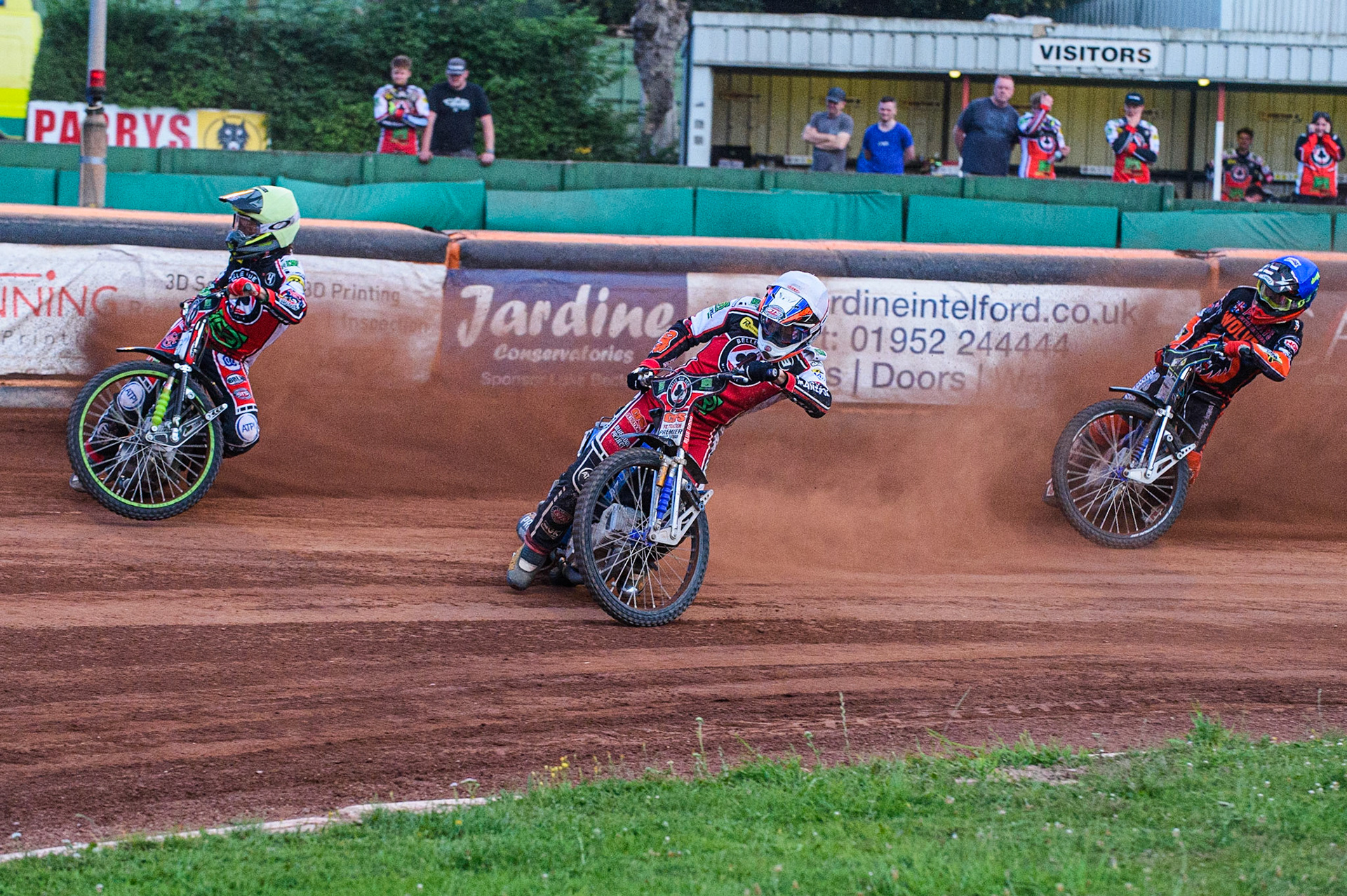 WOLVERHAMPTON, UK. JULY 26TH Charles Wright  (Yellow) and Steve Worrall  (White) lead Ryan Douglas  (Blue) during the SGB Premiership match between Wolverhampton Wolves and Belle Vue Aces at the Ladbroke Stadium, Wolverhampton on Monday 26th July 2021. (Credit: Ian Charles | MI News)