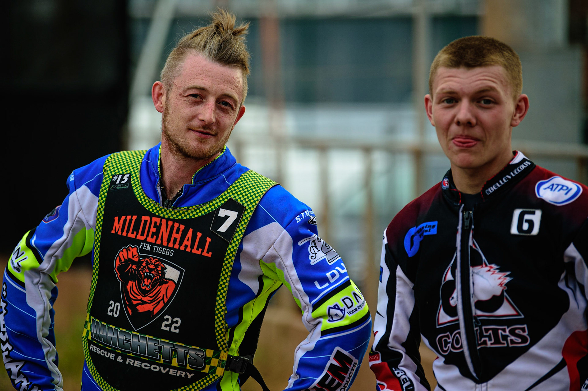 Luke Muff  (left) with Archie Freeman during the National Development League match between Belle Vue Colts and Mildenhall Fens Tigers at the National Speedway Stadium, Manchester on Friday 15th July 2022. (Credit: Ian Charles | MI News)