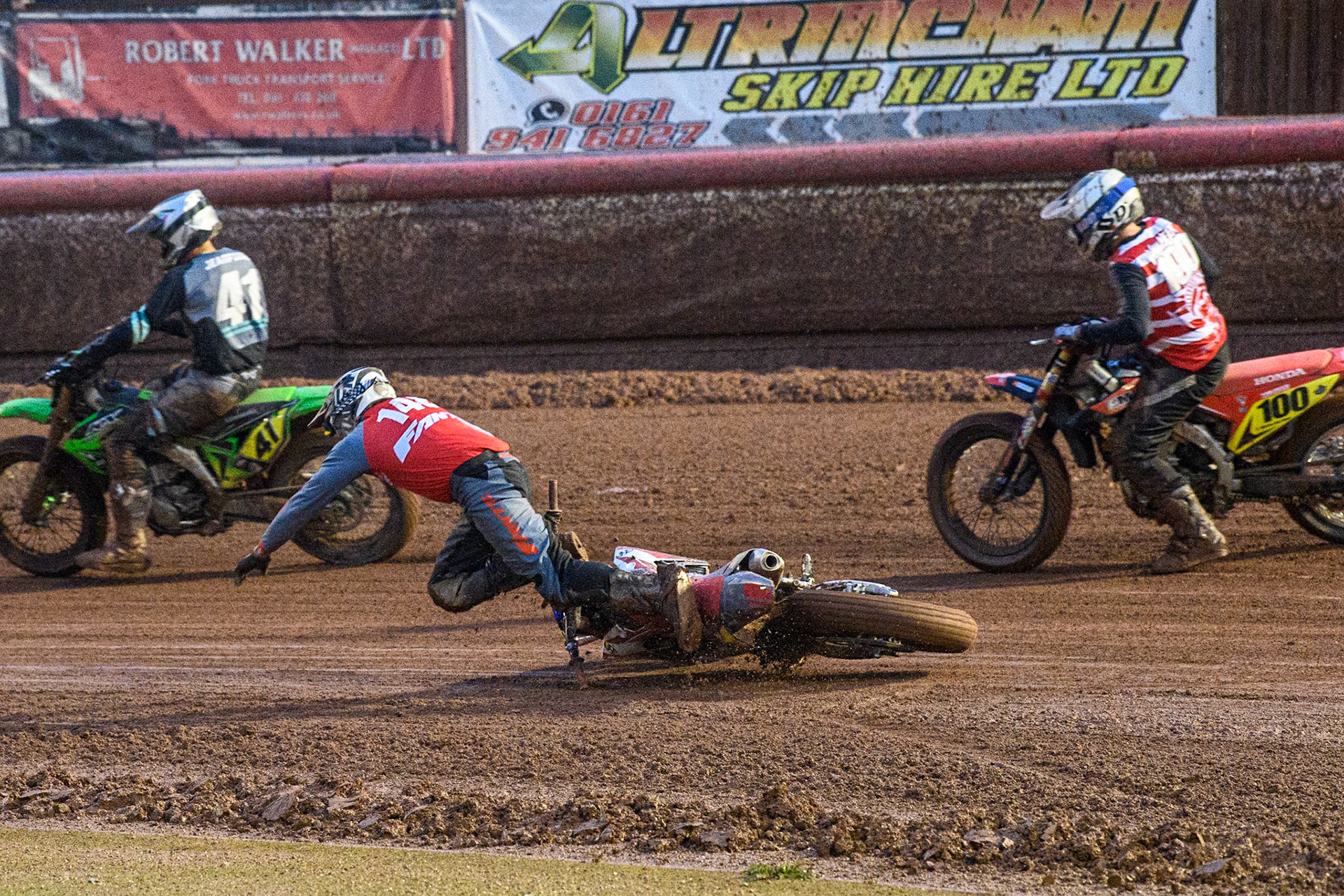 Vittorio Emanuele Marzotto (148) from Italy spins out and falls during the FIM World Flat Track Championship Round 1 at the National Speedway Stadium, Manchester on Saturday 5th August 2023. (Photo: Ian Charles | MI News)