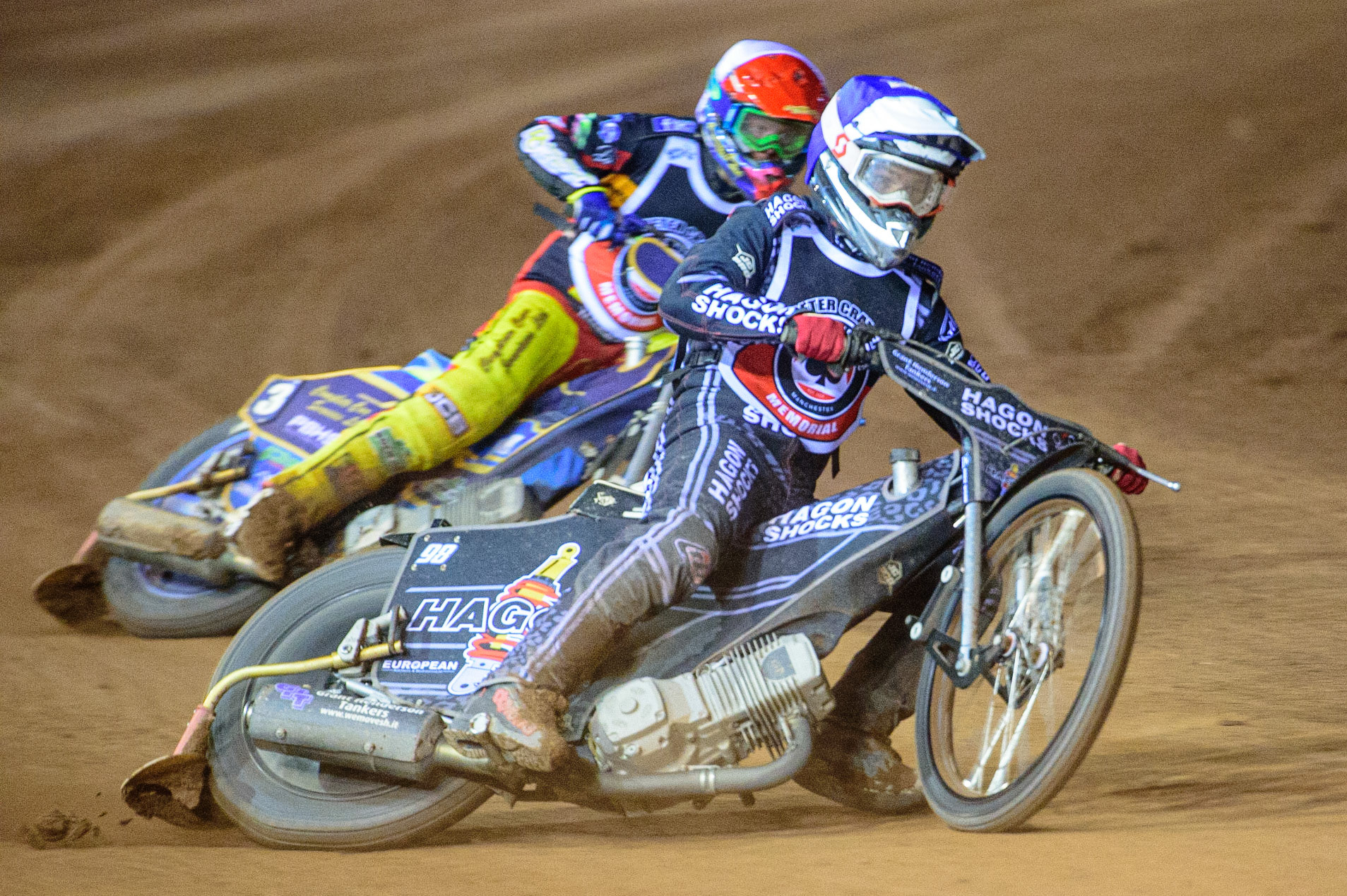 MANCHESTER, UK. OCT 23RD  Broc Nicol  (Blue) leads Kyle Howarth  (White) during the Peter Craven Memorial Trophy event at the National Speedway Stadium, Manchester on Saturday 23rd October 2021. (Credit: Ian Charles | MI News)