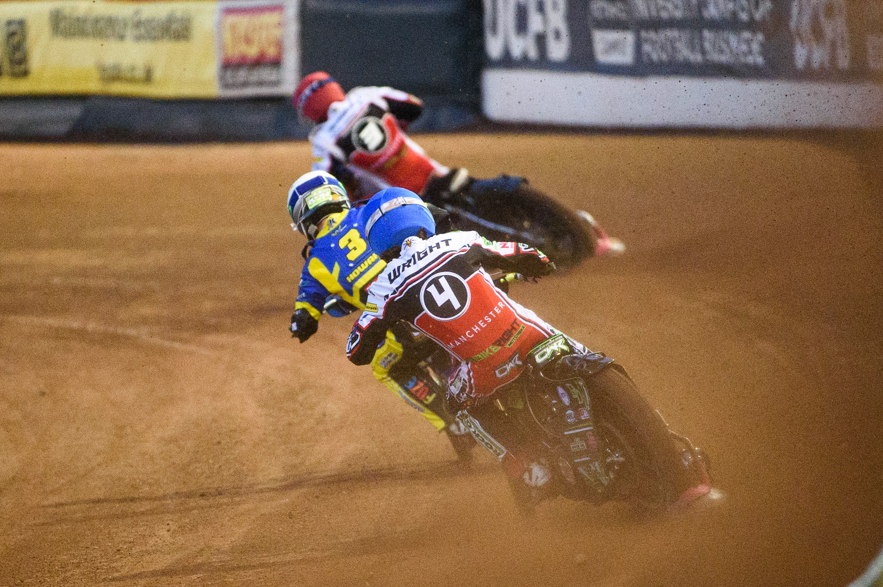 MANCHESTER, UK. SEPT 6TH  Charles Wright  chases Kyle Howarth  (White) and Steve Worrall  (Red) during the SGB Premiership match between Belle Vue Aces and Sheffield Tigers at the National Speedway Stadium, Manchester on Monday 6th September 2021. (Credit: Ian Charles | MI News)