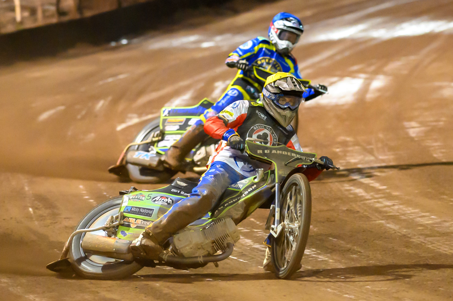 Kye Thomson, Guest Rider for Belle Vue Aces in Yellow leading Leon Flint of Sheffield Tigers  in Blue during the Knockout Cup Northern Section match between Sheffield Tigers and Belle Vue Aces at Owlerton Stadium, Sheffield on Thursday 2nd April 2026. (Photo: Ian Charles | MI News)