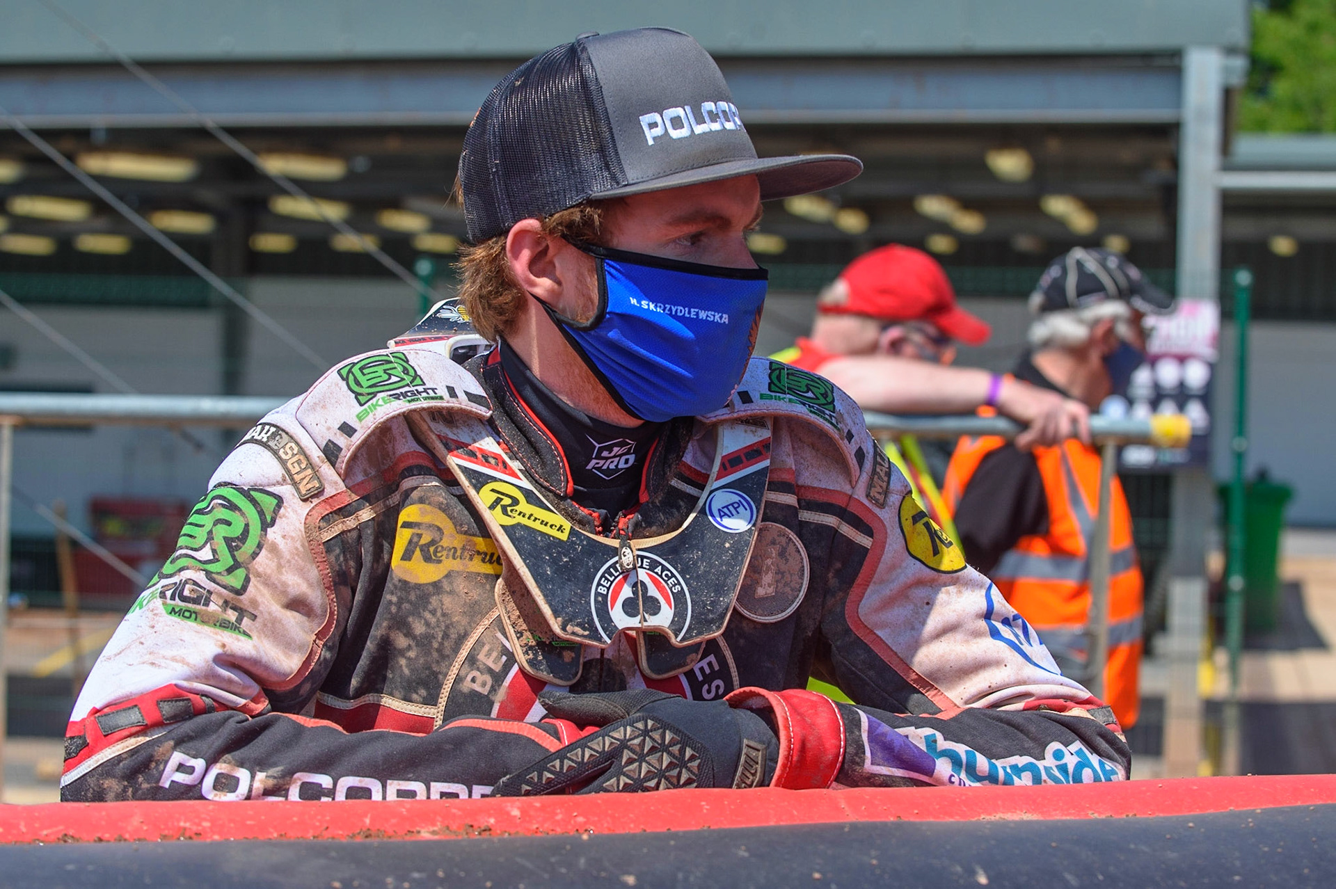 MANCHESTER, UK. MAY 31ST  Brady Kurtz  watches the track prep during the SGB Premiership match between Belle Vue Aces and Peterborough at the National Speedway Stadium, Manchester on Monday 31st May 2021. (Credit: Ian Charles | MI News)