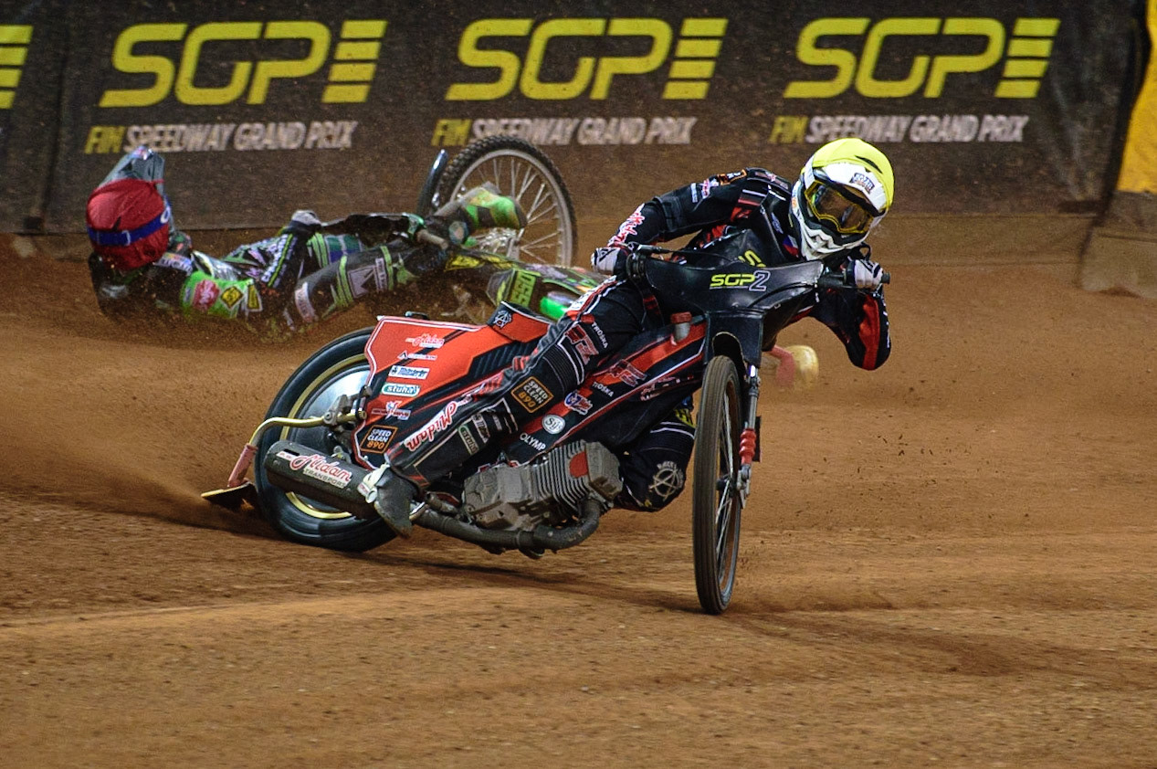 Jan Kvech (Czech Republic)  (White) brings down Benjamin Basso (Denmark)  (Red) during the FIM  Speedway Grand Prix  2 of Great Britain at the Principality Stadium, Cardiff on Sunday 14th August 2022. (Credit: Ian Charles | MI News)