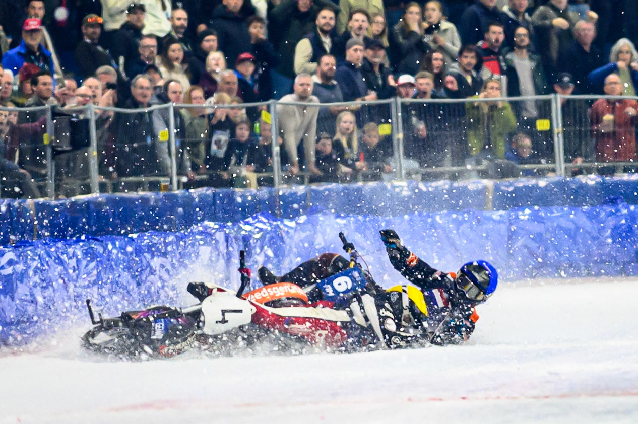 Martin Posch (4) of Austria  falls in the path of Sebastian Reitsma (6) of The Netherlands  who was unable to avoid crashing into him and his bike during the FIM Ice Speedway Of Nations at Ice Rink Thialf, Heerenveen on Sunday 12th April 2026. (Photo: Ian Charles | MI News)