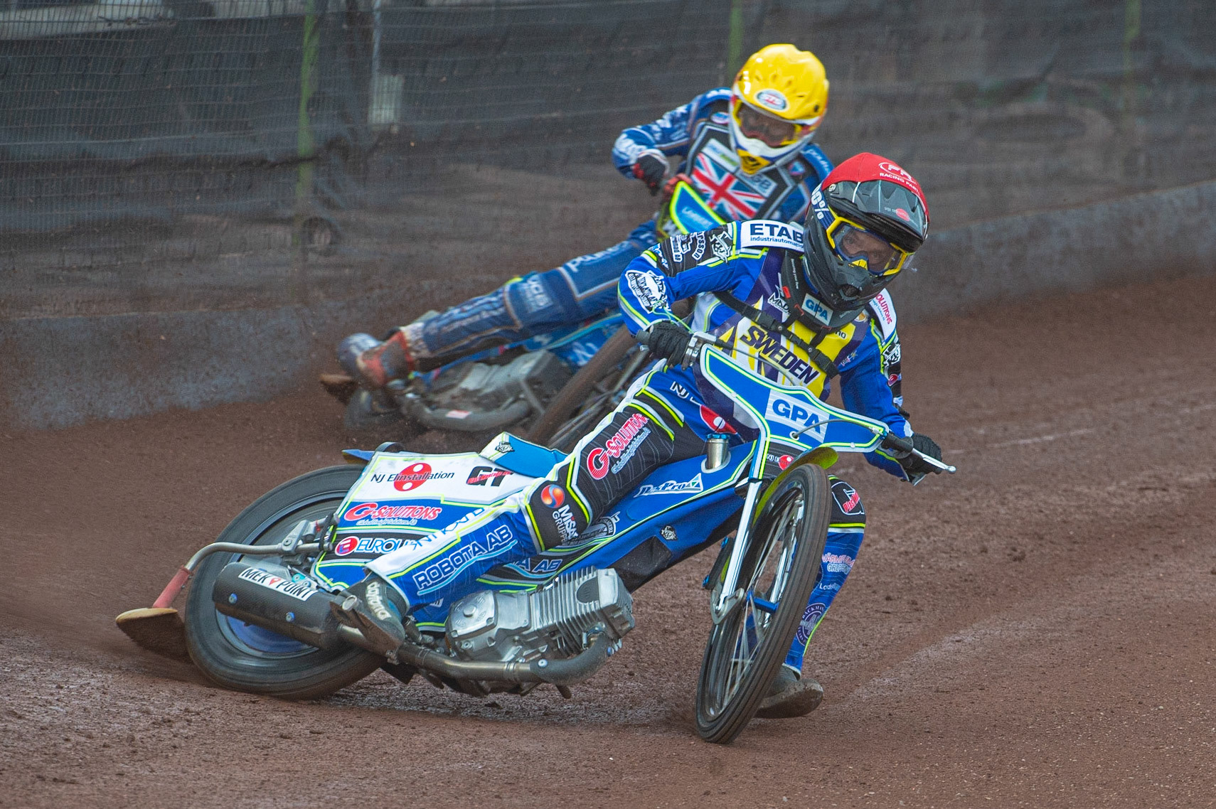 Photo by Ian Charles:

Pontus Aspgren (Red) leads Robert Lambert (Yellow)

FIM Speedway Grand Prix World Championship - Qualifying Round 1, Peugeot Ashfield Stadium, Glasgow, 8 June 2019
