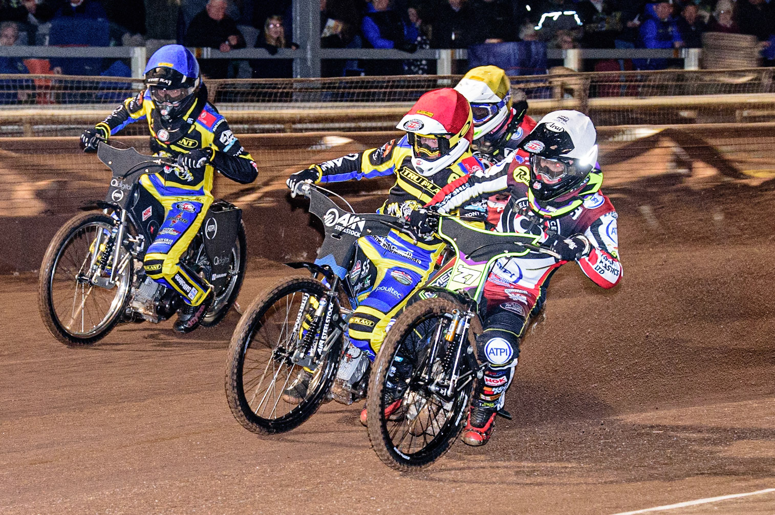 Tom Brennan  (White) inside Lewis Kerr (Red), Dan Gilkes  (Blue) with Jake Mulford  (Yellow) behind during the Sheffield Tigers vs Belle Vue Aces meeting in the SGP Premiership at Owlerton Stadium, Sheffield on Thursday 23rd March 2023. (Photo: Ian Charles | MI News)