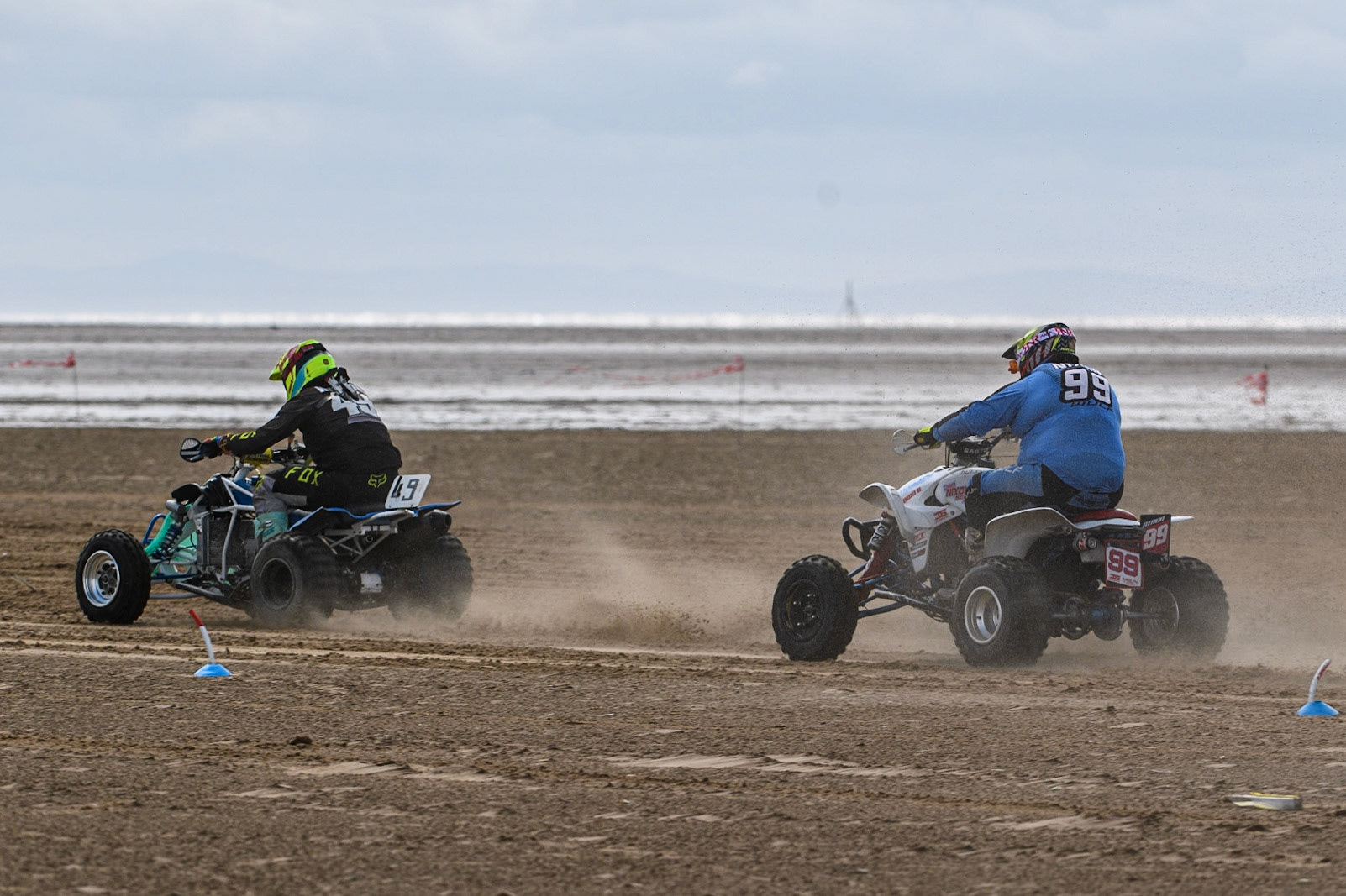 Davey Nixon (99) chases Liam Whetton (49) during the Fylde ACU British Sand Racing Masters Championship at  St Annes on Sea, Lancashire on Sunday 30th July 2023. (Photo: Ian Charles | MI News)
