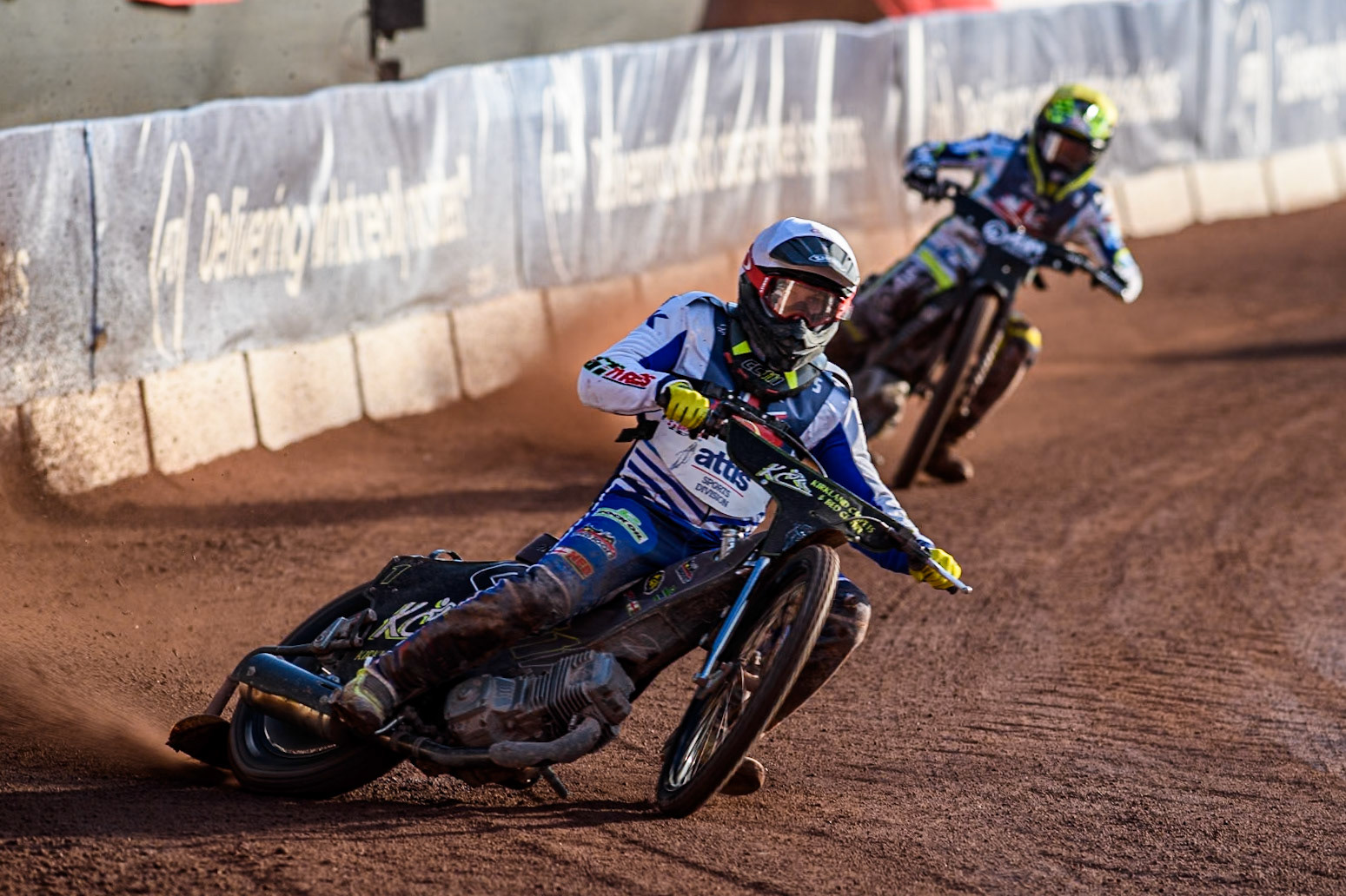 Craig Cook in White leading Lewis Kerr in Yellow during the Attis Insurance Sports Division British Speedway Championship Final at the National Speedway Stadium, Manchester on Saturday 8th June 2024. (Photo: Ian Charles | MI News)