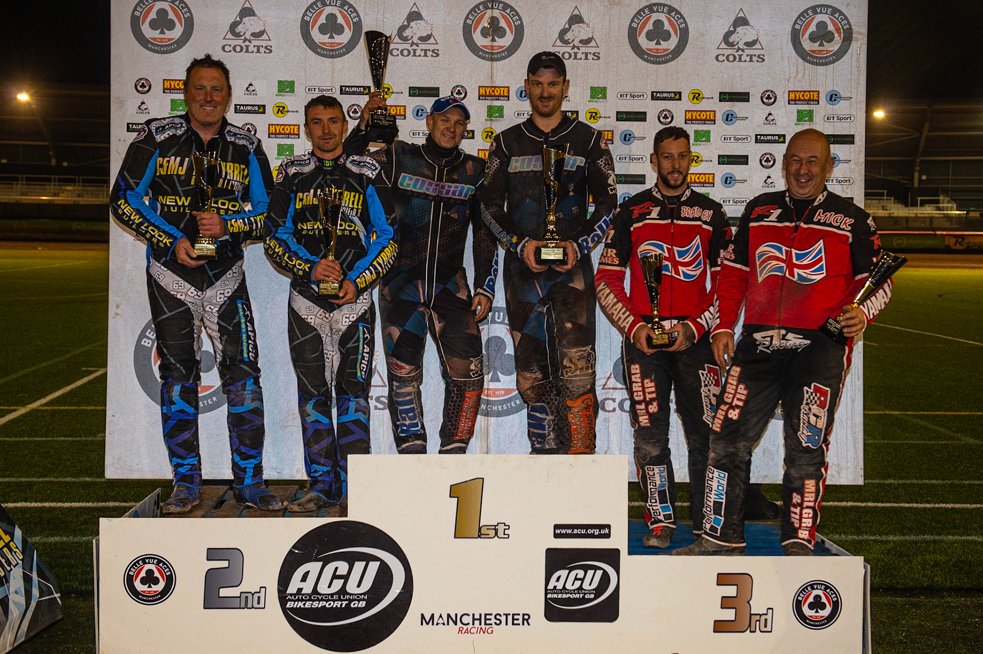 MANCHESTER, ENGLAND Top 3: (l-r) Matthew Tyrrell & Liam Brown (2nd), Carl Pugh   & Mark Cossar (1st) and Bradley Steer & Mick Cave (3rd)during the  ACU Sidecar Speedway Manchester Masters,  Belle Vue National Speedway Stadium, Manchester Saturday 12 October 2019 (Credit: Ian Charles | MI News)