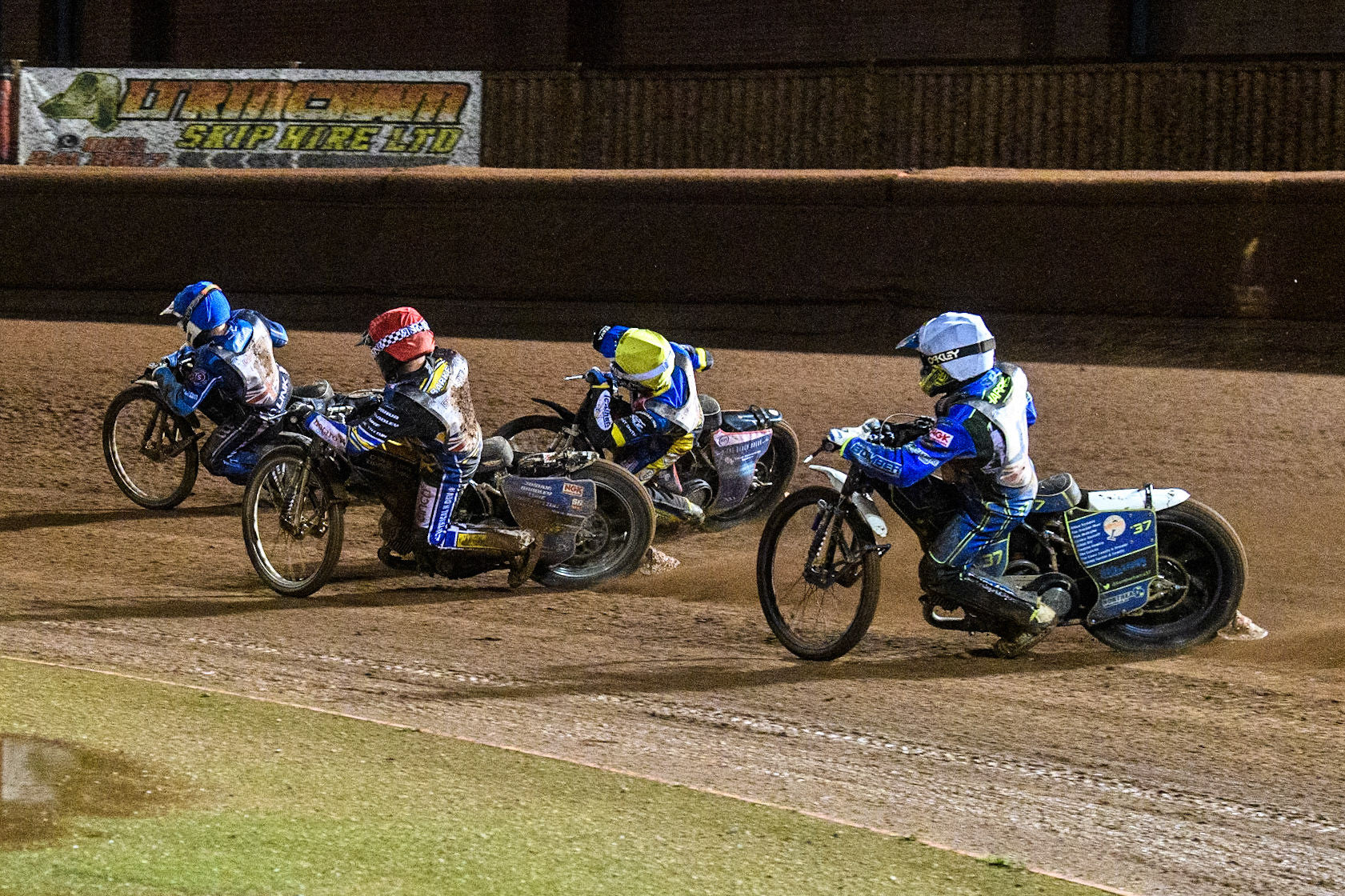 Chris Harris (White) chases Adam Ellis (Yellow), Ben Barker (Red) and Richard Lawson (Blue) during the Sports Insure British Speedway Final at the National Speedway Stadium, Manchester on Monday 14th August 2023. (Photo: Ian Charles | MI News)