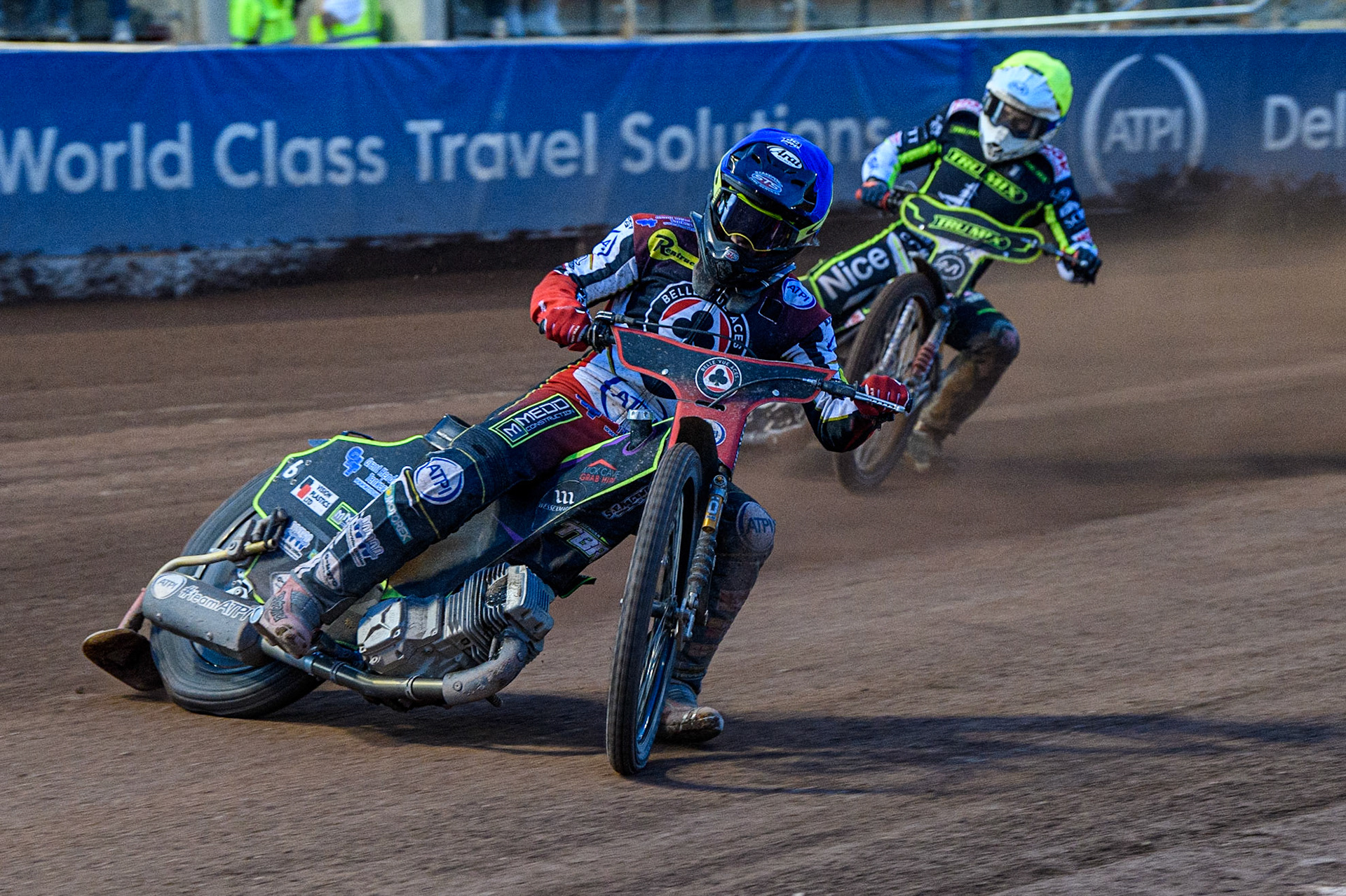 Tom Brennan (Blue) leads Emil Sayfutdinov (Yellow) during the Sports Insure Premiership match between Belle Vue Aces and Ipswich Witches at the National Speedway Stadium, Manchester on Monday 17th July 2023. (Photo: Ian Charles | MI News)