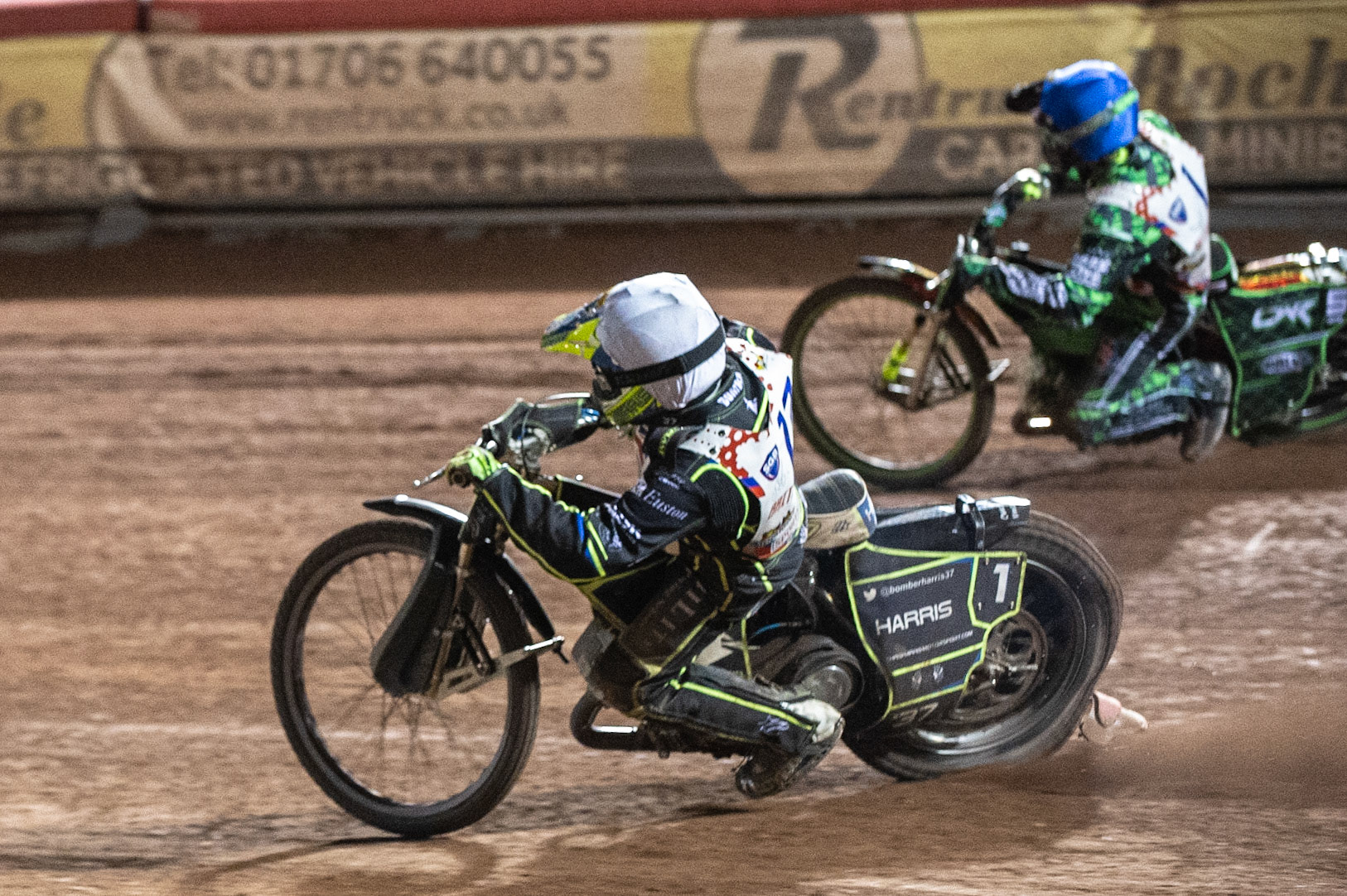 Photo: Ian Charles

Chris Harris (White) tries to pass Charles Wright (Blue)

Sports Insure British Final,  Belle Vue National Speedway Stadium, Manchester Monday 29  July  2019