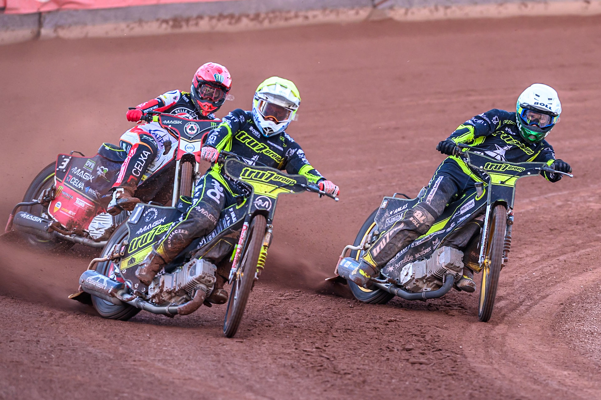 Ipswich Witches' Emil Saifutdinov  in Yellow leading Belle Vue Aces' Jaimon Lidsey in Red and Ipswich Witches' Jason Doyle  in White   during the Rowe Motor Oil Premiership match between Belle Vue Aces and Ipswich Witches at the National Speedway Stadium, Manchester on Monday 30th June 2025. (Photo: Ian Charles | MI News)