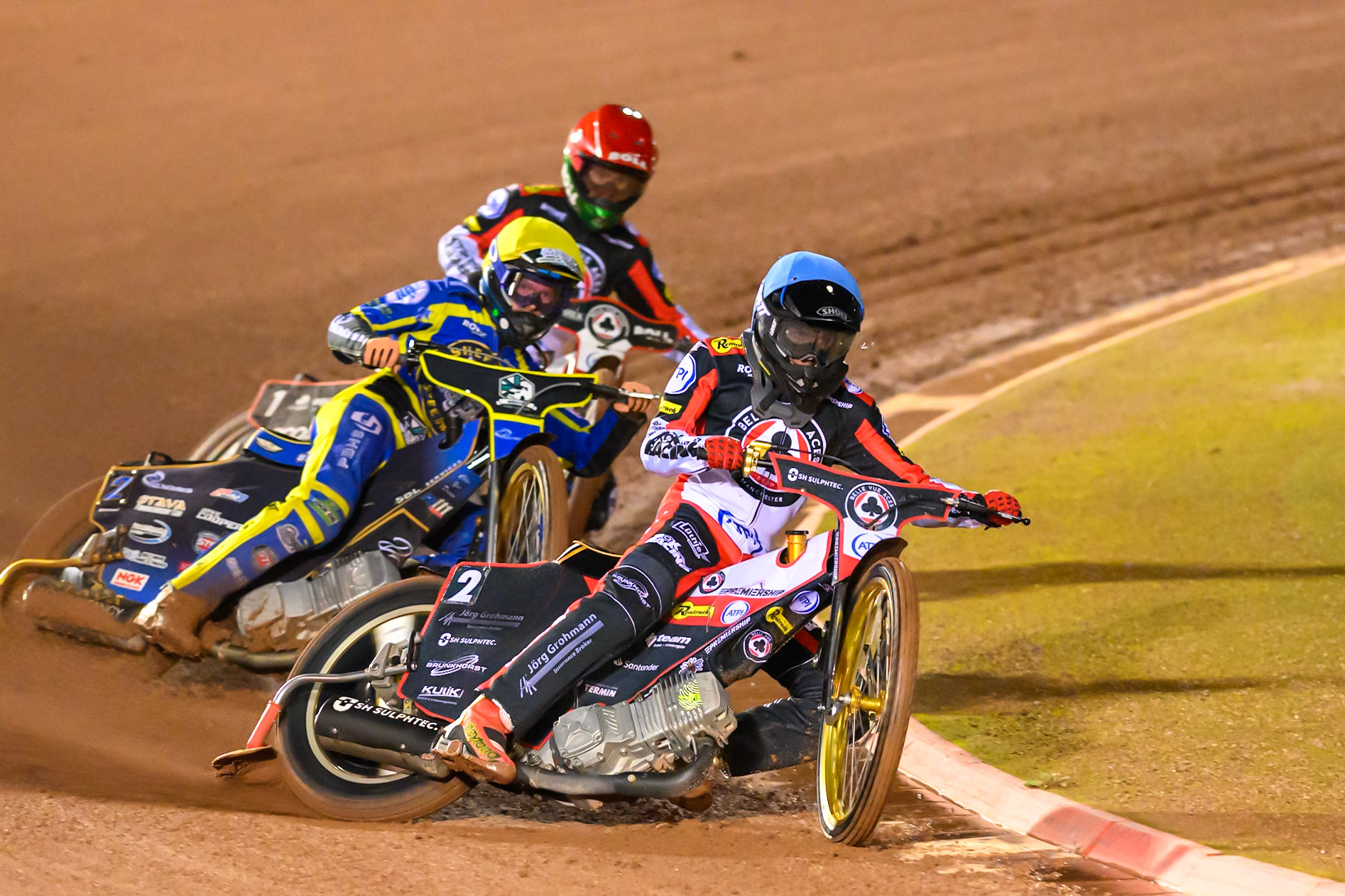 Norick Blodorn of Belle Vue Aces in Blue leading Anders Rowe of Sheffield Tigers in Yellow  and Brady Kurtz of Belle Vue Aces  in Red during the Rowe Motor Oil Premiership Grand Final 2nd Leg between Belle Vue Aces and Sheffield Tigers at the National Speedway Stadium, Manchester on Friday 16th October 2026. (Photo: Ian Charles | MI News)