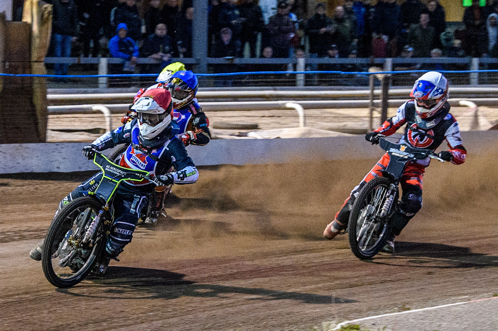 Steelers' Nathan Ablitt in Red leading Belle Vue Colts' Freddy Hodder in White, Steelers' Luke Harris in Blue and Belle Vue Colts' Billy Budd in Yellow during the WSRA National Development League match between Steelers and Belle Vue Colts at Owlerton Stadium, Sheffield on Monday 5th May 2025. (Photo: Ian Charles | MI News)