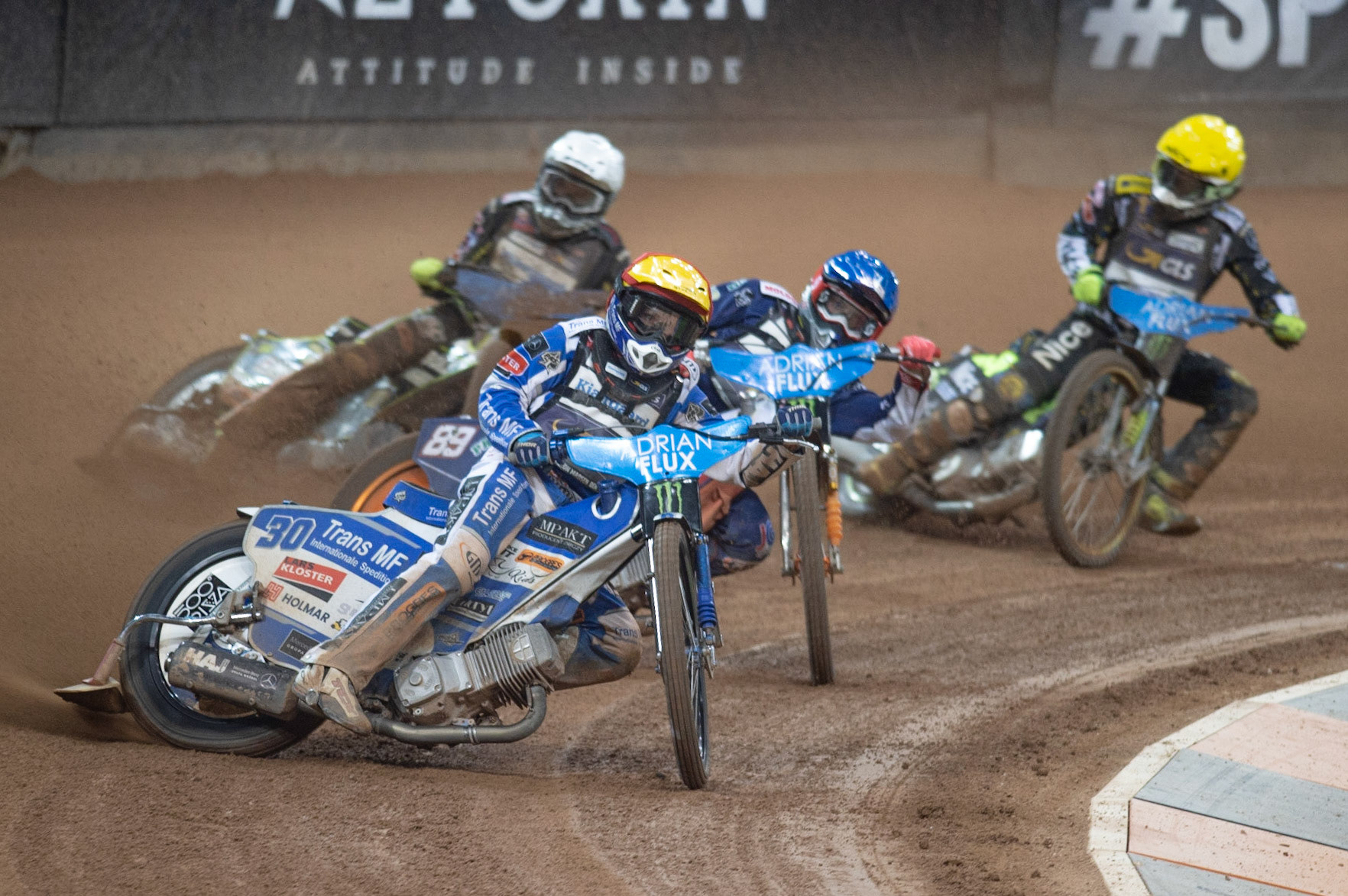 CARDIFF,WALES Leon Madsen (Red) leads Emil Saijfutdinov (Blue) Martin Vaculik (White) and Antonio Lindback (Yellow) in Semi Final 1 during the ADRIAN FLUX BRITISH FIM SPEEDWAY GRAND PRIX at the Principality Stadium, Cardiff on Saturday 21st September 2019. (Credit: Ian Charles | MI News)