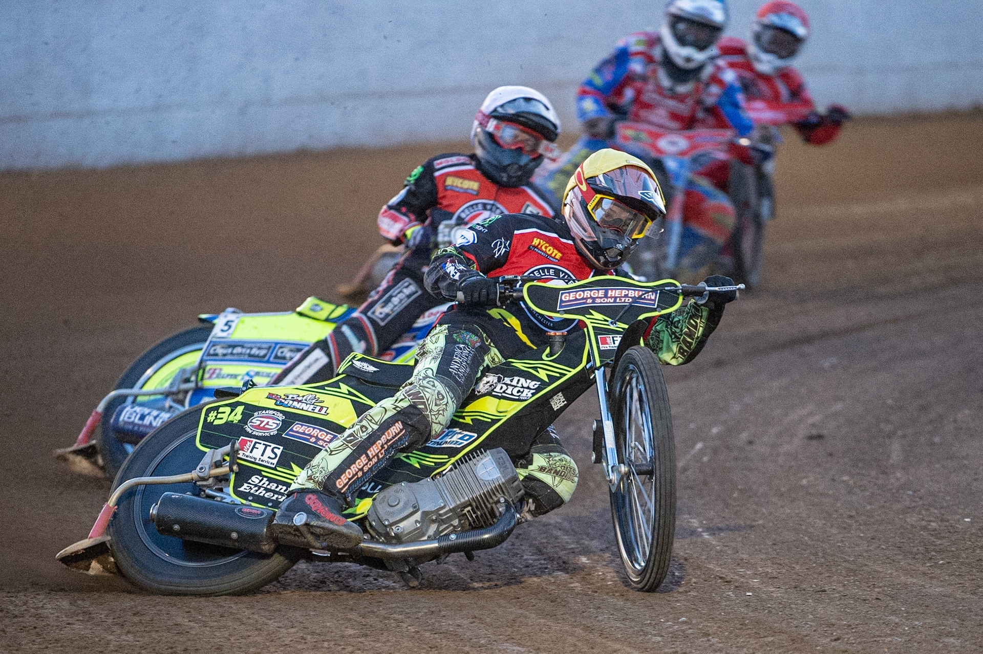 Photo by Ian Charles:

 Belle Vue Aces ‘ Jye Etheridge  (Yellow) and Kenneth Bjerre  (White) leads Rohan Tungate  (Red) and Simon Lambert (Blue)

Peterborough Panthers v Belle Vue Aces, British Speedway Premiership, Thursday, 5, September, 2019
