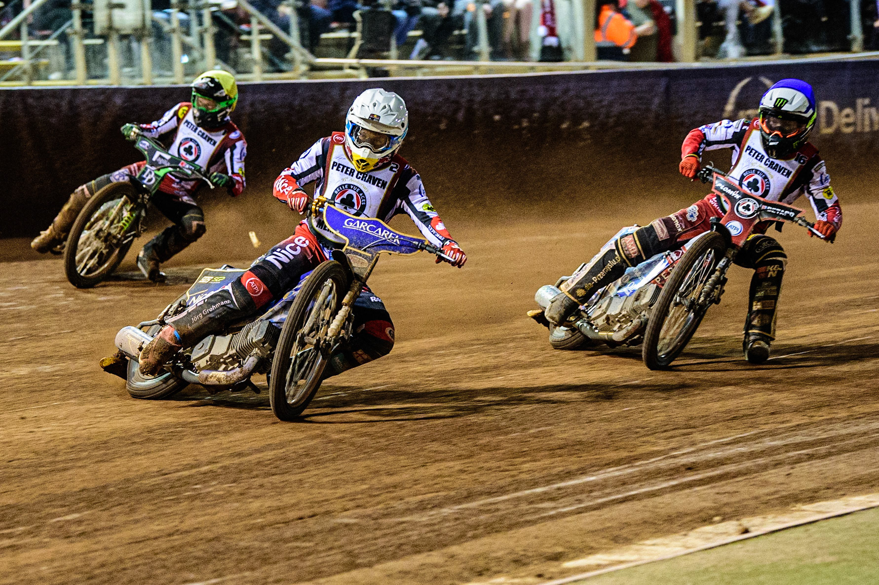 Robert Lambert  (White) leads Dan Bewley  (Blue) and Charles Wright  (Yellow) during the Peter Craven Memorial Trophy  at the National Speedway Stadium, Manchester on Monday 3rd April 2023. (Photo: Ian Charles | MI News)